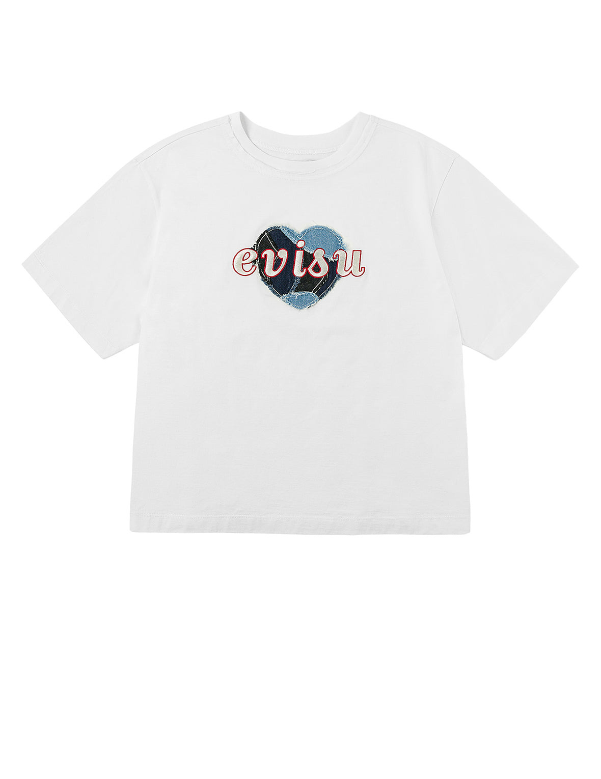 Denim Patchwork Heart and Logo Embroidery Drop Shoulder T-Shirt - 11