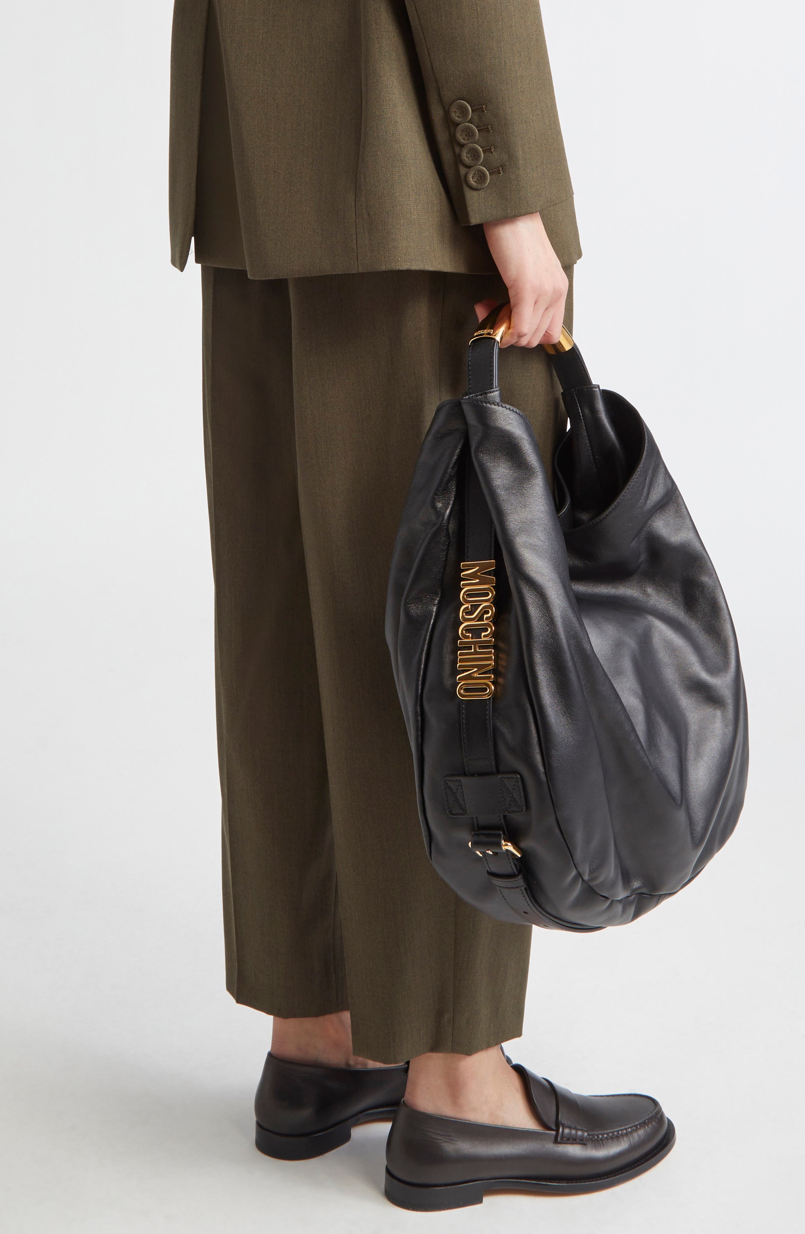 Moschino Handle Me Leather Hobo Bag in Black at Nordstrom - 3