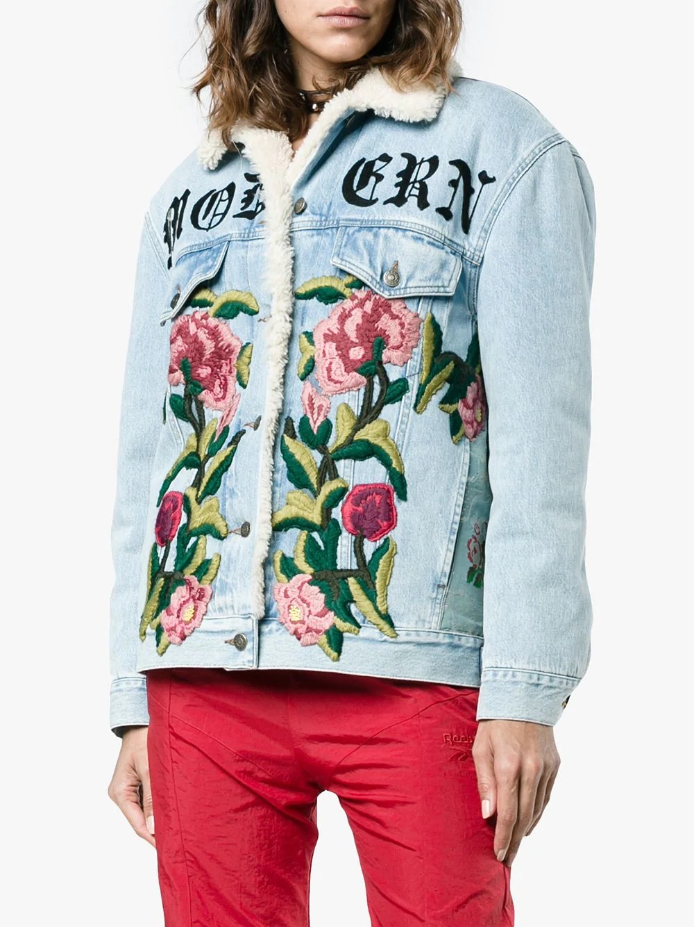 embroidered shearling denim jacket - 3