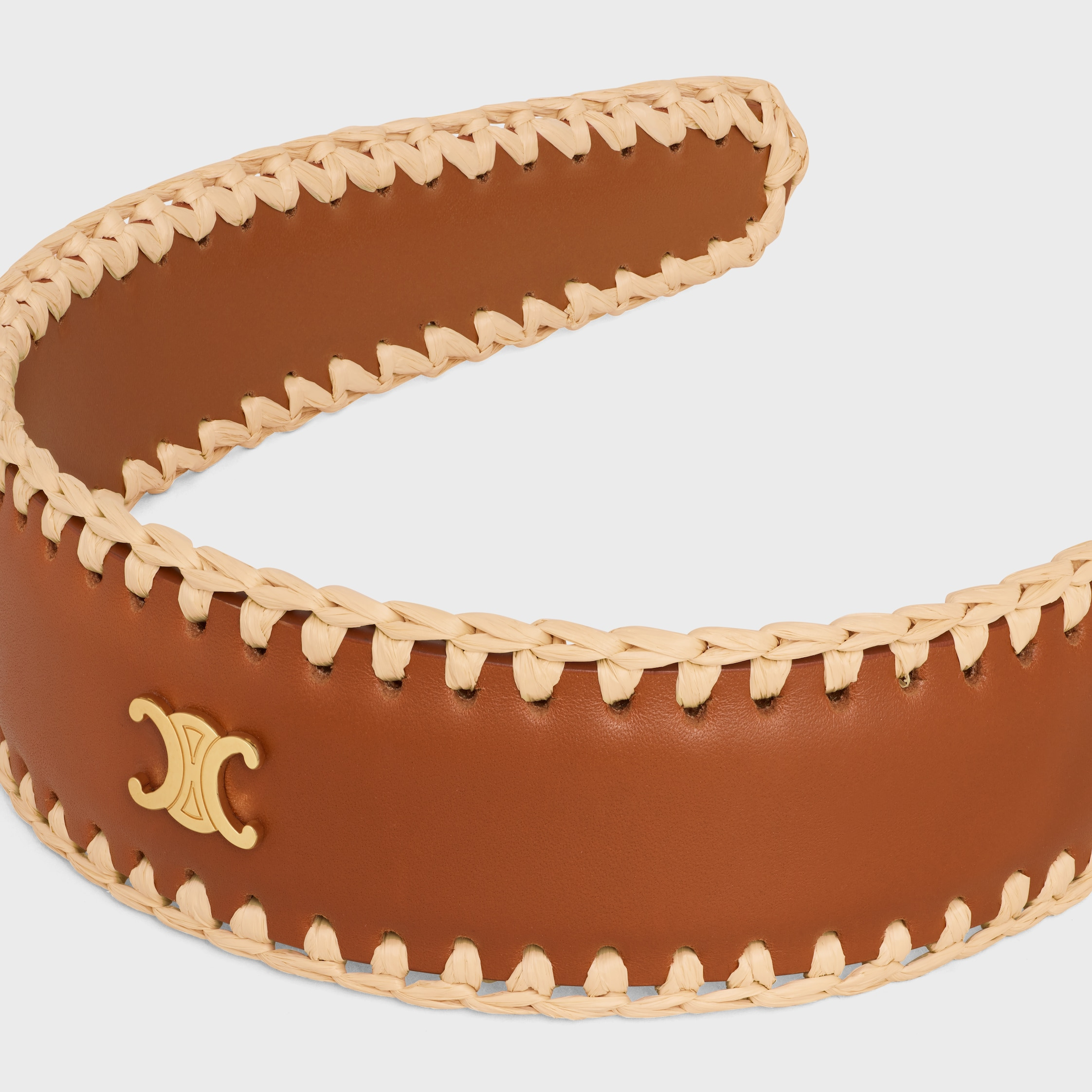 Celine Raffia Headband in Calfskin, Viscose and Brass with Gold Finish - 3
