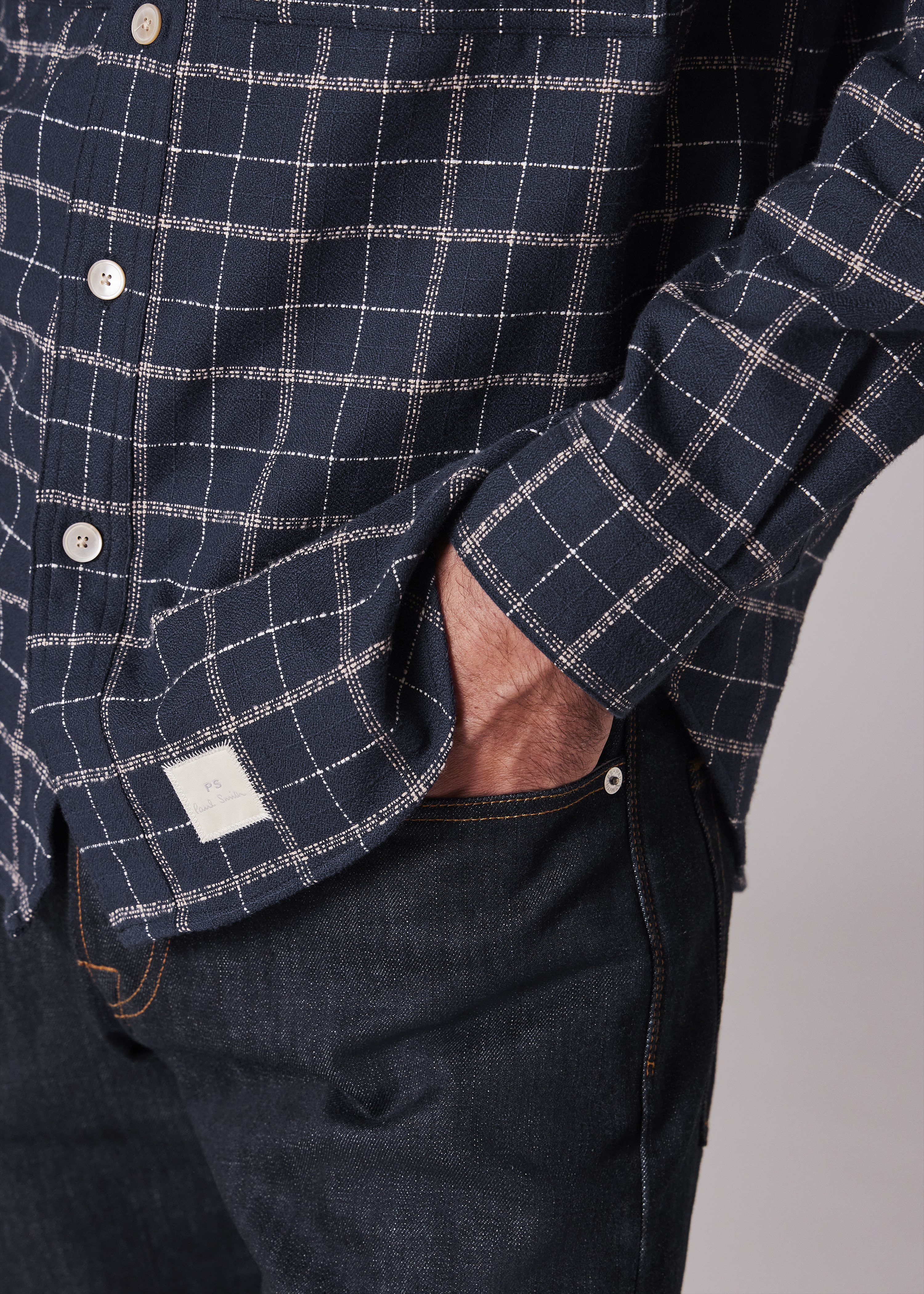 Regular-Fit Navy Cotton Crepe Check Overshirt - 6