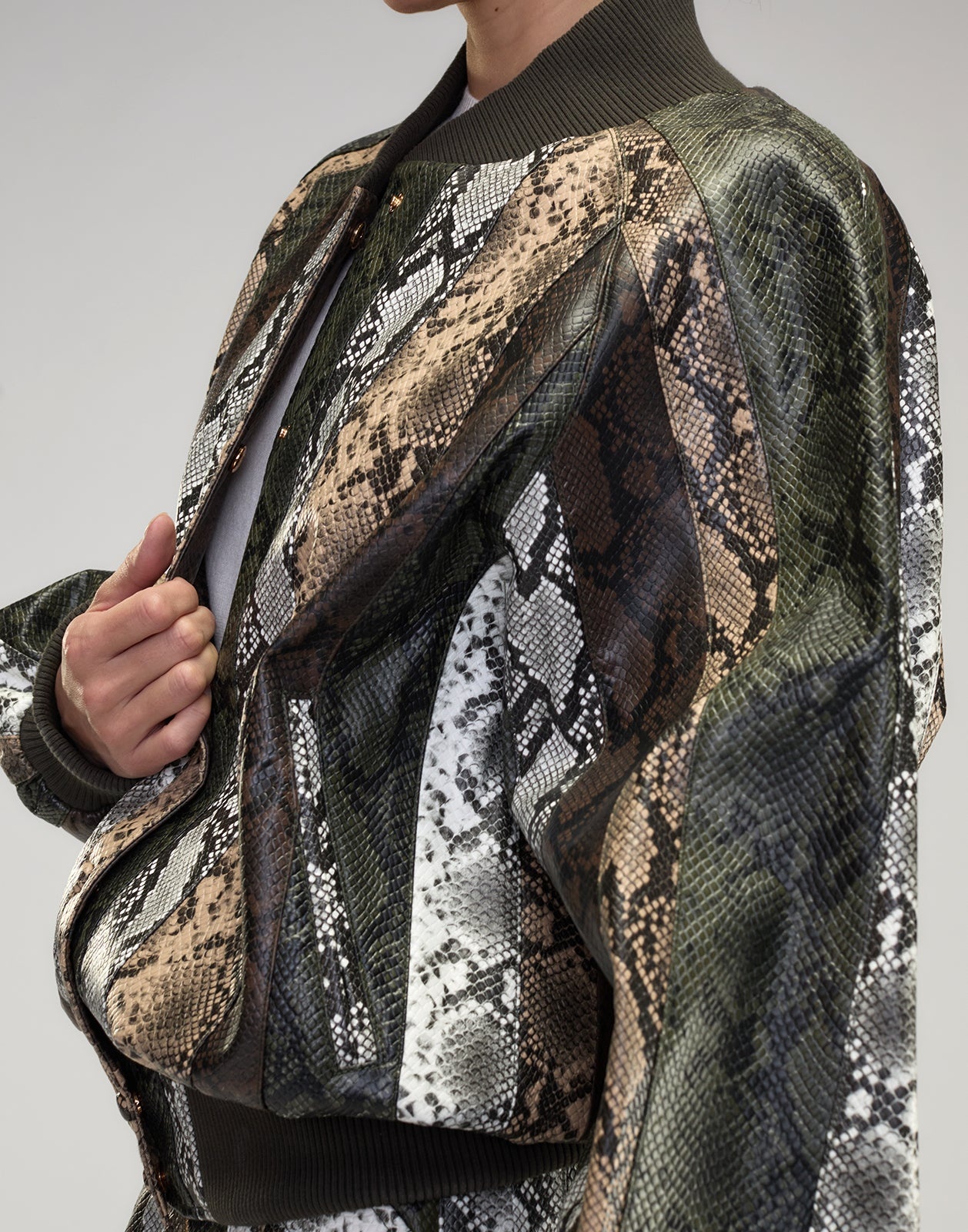 Snake-Embossed Vegan Leather Bomber Jacket - 4