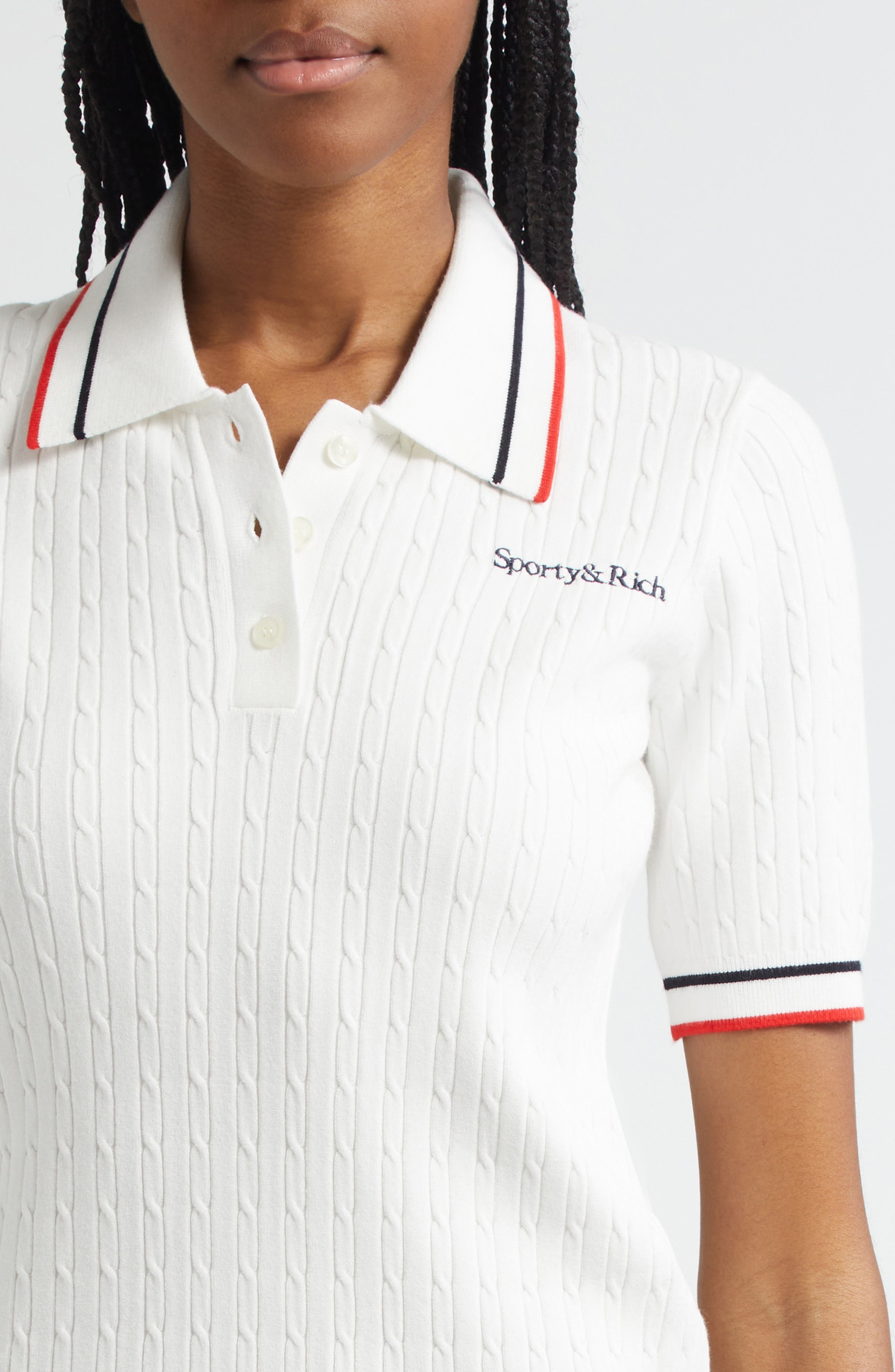 Sporty & Rich Serif Logo Mini Cable Knit Polo in White/Dark Navy/Ruby at Nordstrom - 5