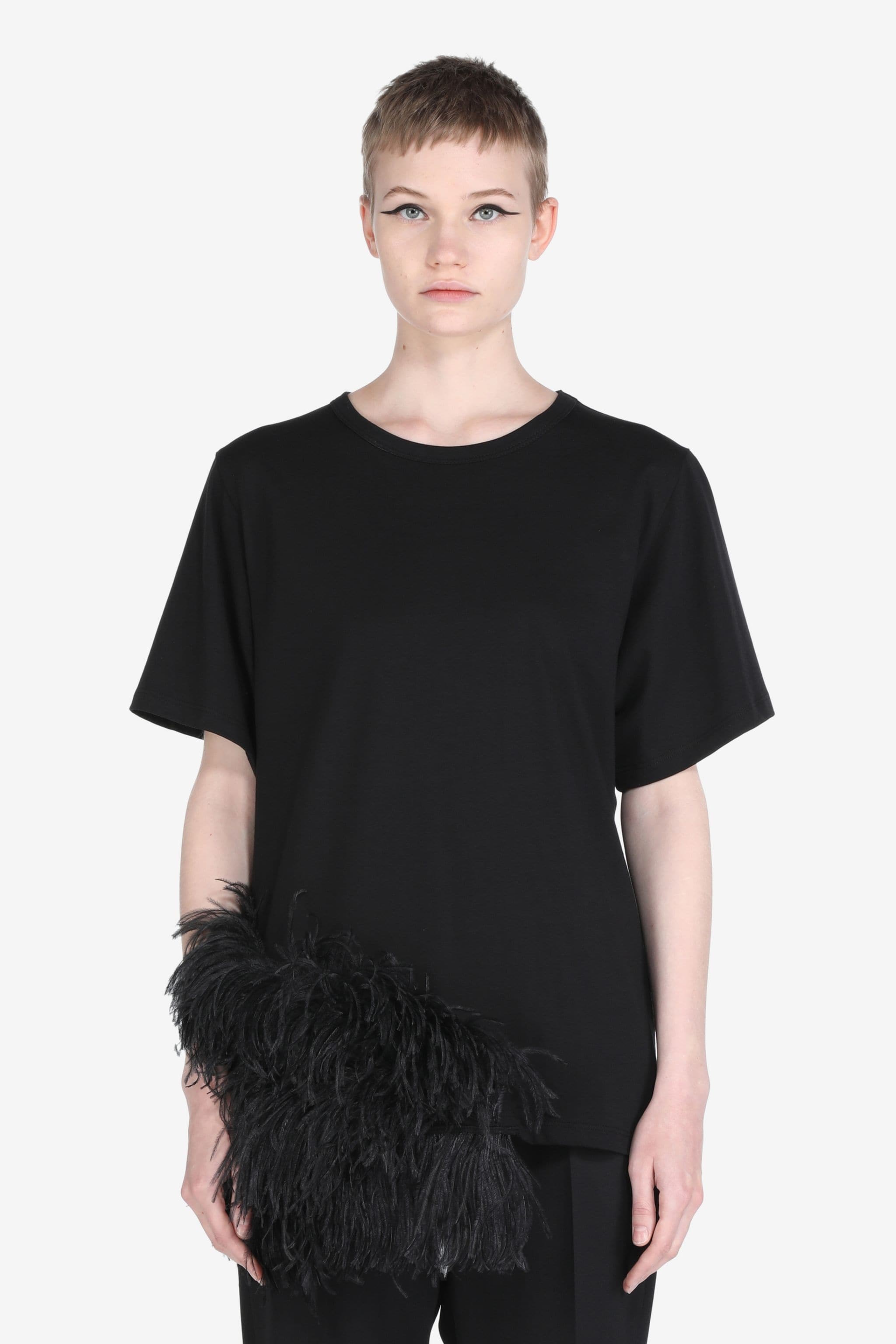 FEATHER-TRIMMED COTTON T-SHIRT - 1