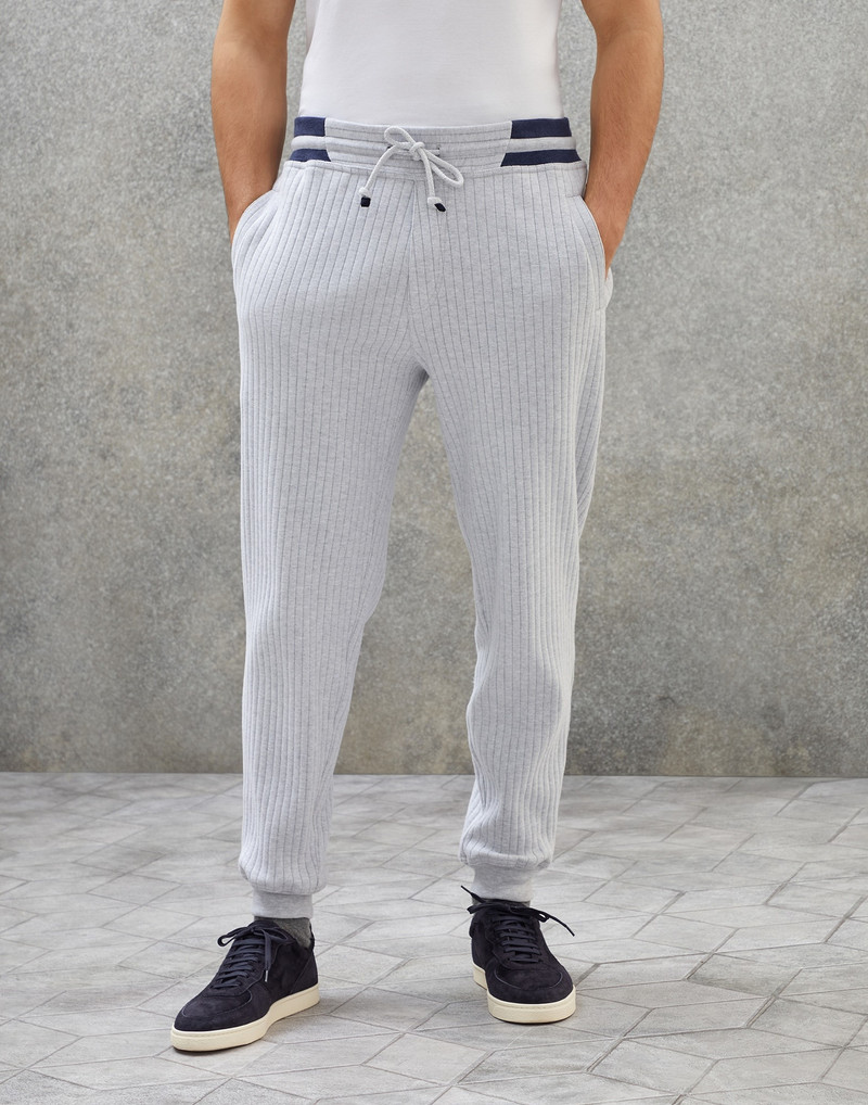 Cotton ribbed French terry trousers with striped details 1