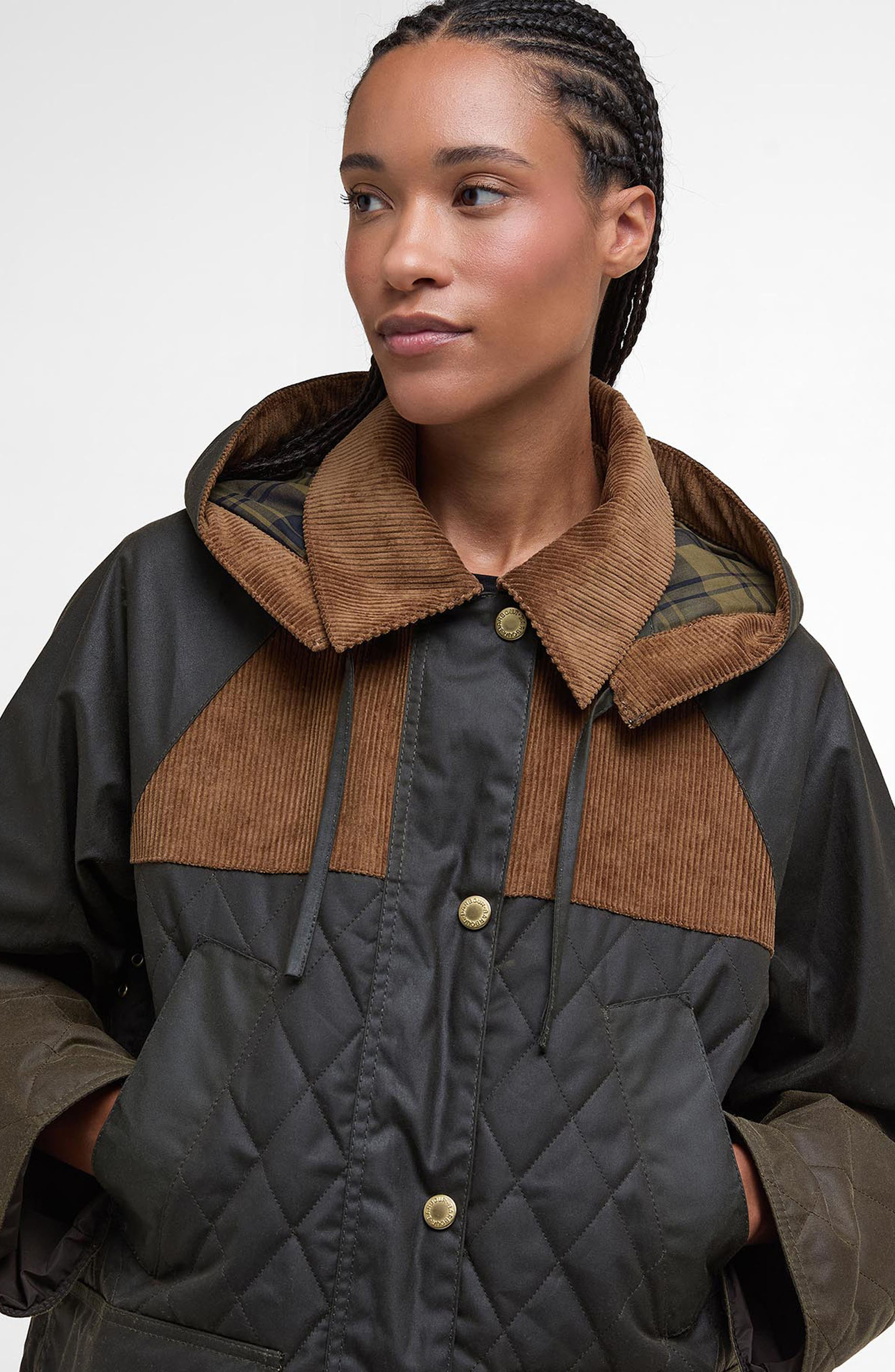 Barbour Imelda Water Repellent Mixed Media Jacket with Removable Hood in Archive Olive/Olive/Beech a - 7