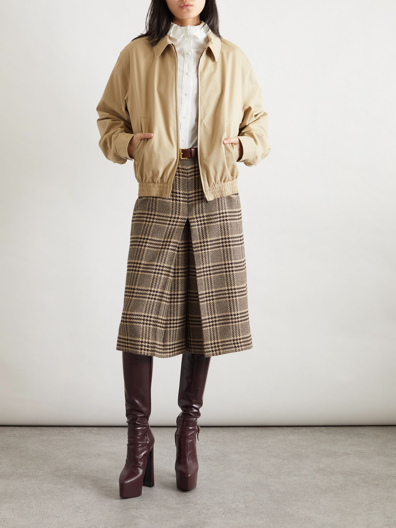 Prince of Wales silk and cashmere-blend tweed wide-leg shorts Brown - 2
