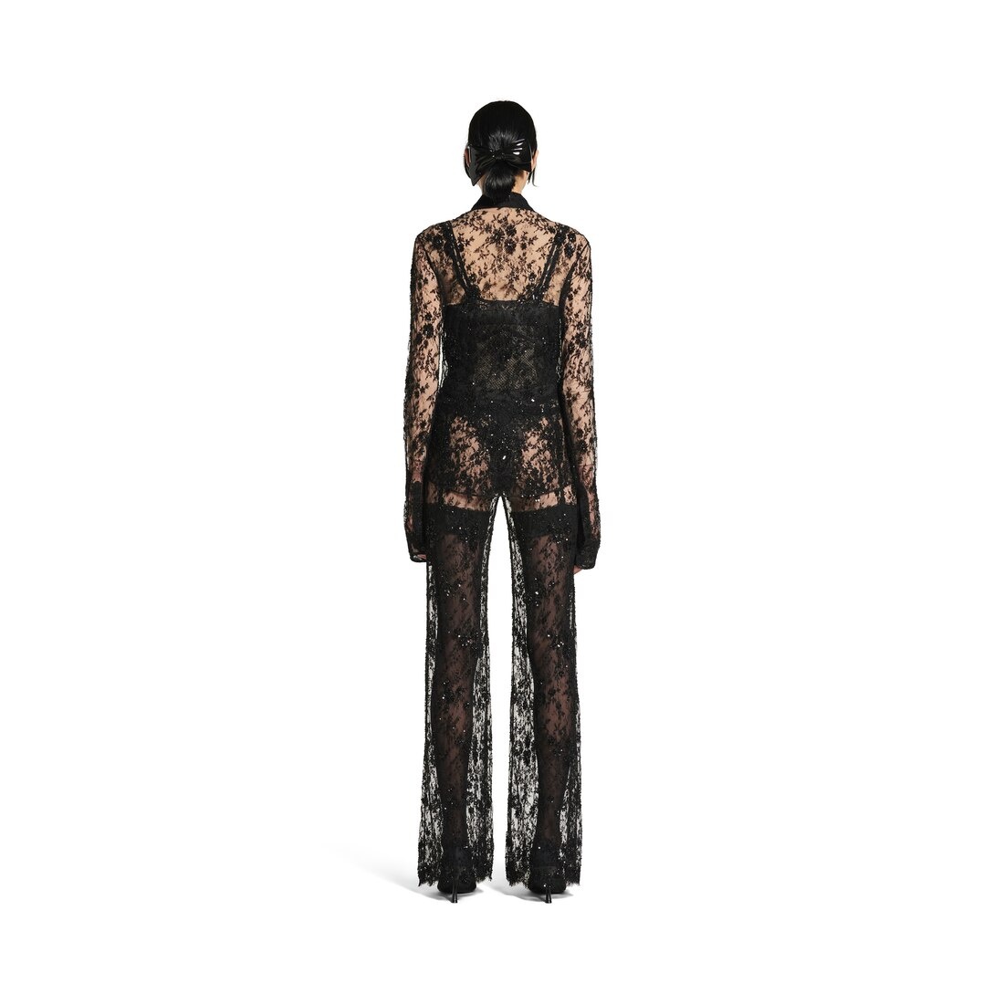 Women's Embroidered Lace Pants in Black - 4