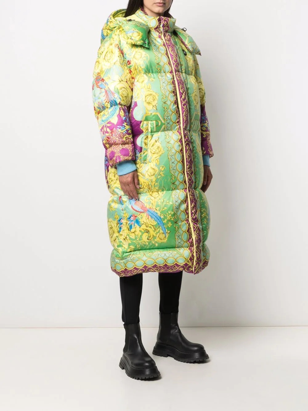 baroque-print long padded jacket - 3