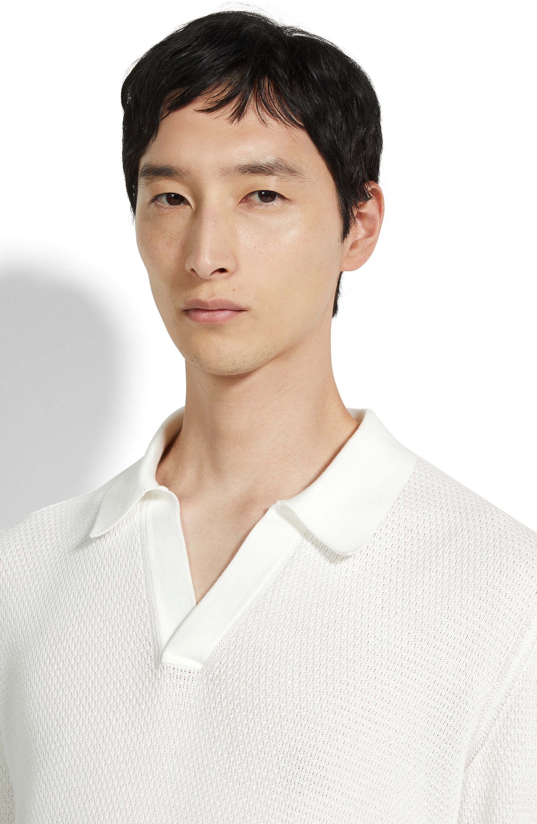 ZEGNA Waffle Stitch Cotton Polo Sweater in Natural Solid at Nordstrom - 4