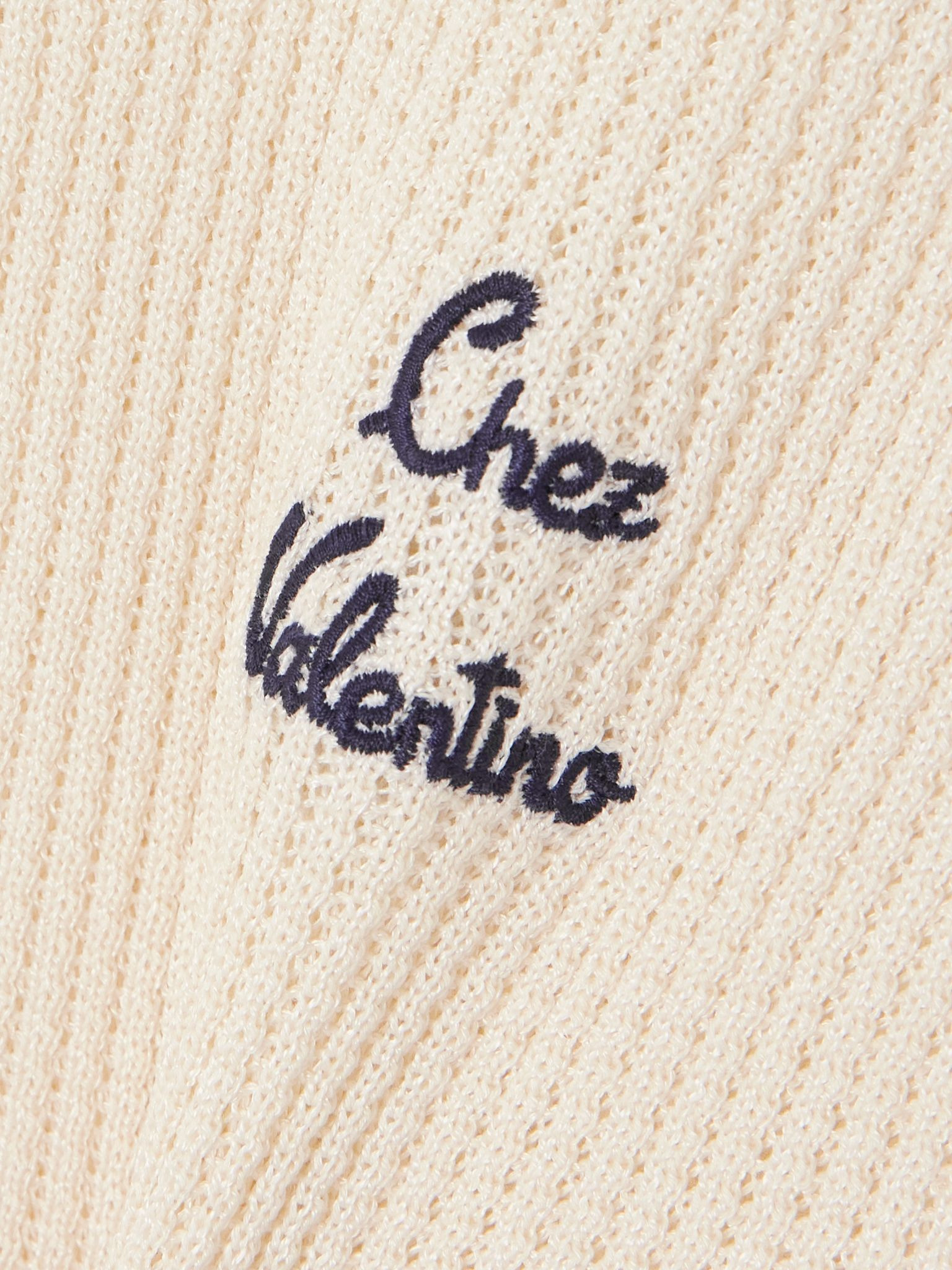 Embroidered waffle-knit cotton-blend polo shirt Cream - 5