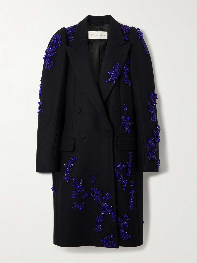 Double-breasted bead-embellished wool-blend twill coat - 1