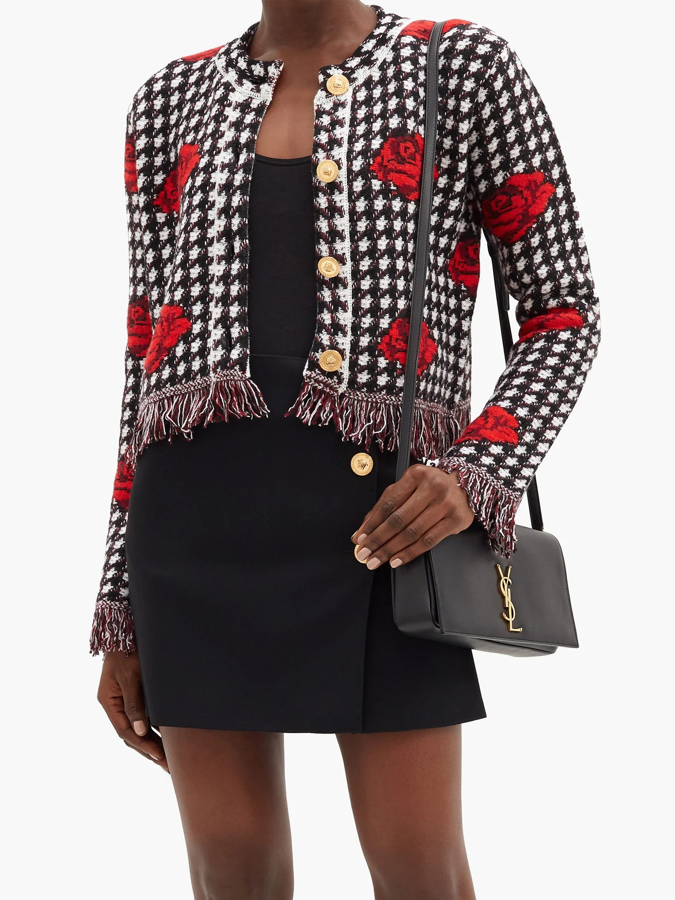 Rose-jacquard houndstooth wool cardigan - 2