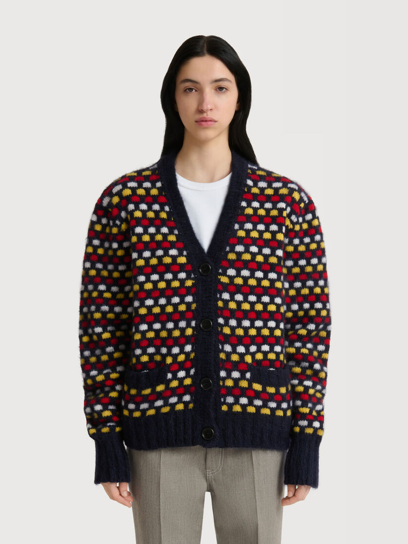 Marni RED AND BLUE JACQUARD SHETLAND WOOL CARDIGAN outlook