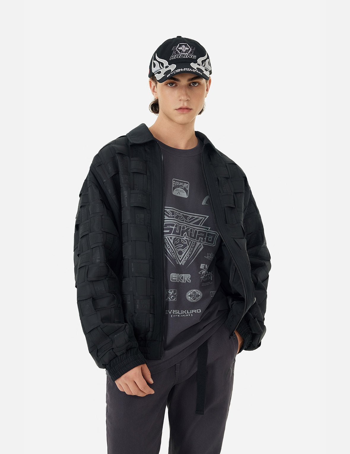 Allover Logo Print Relax Fit Tape Weaving Bomber Jacket - 4