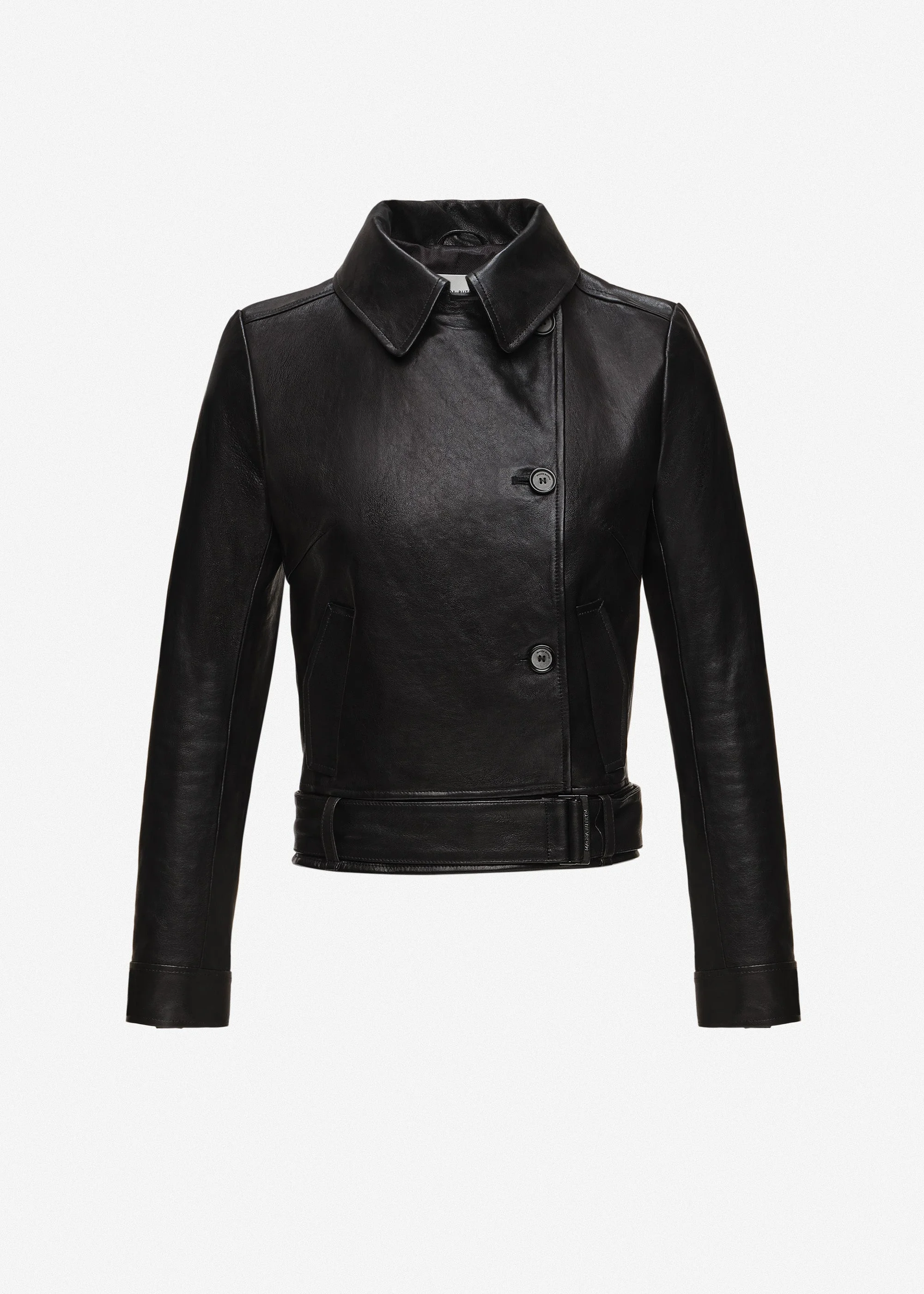 Fitted leather jacket with waist belt in black - 1