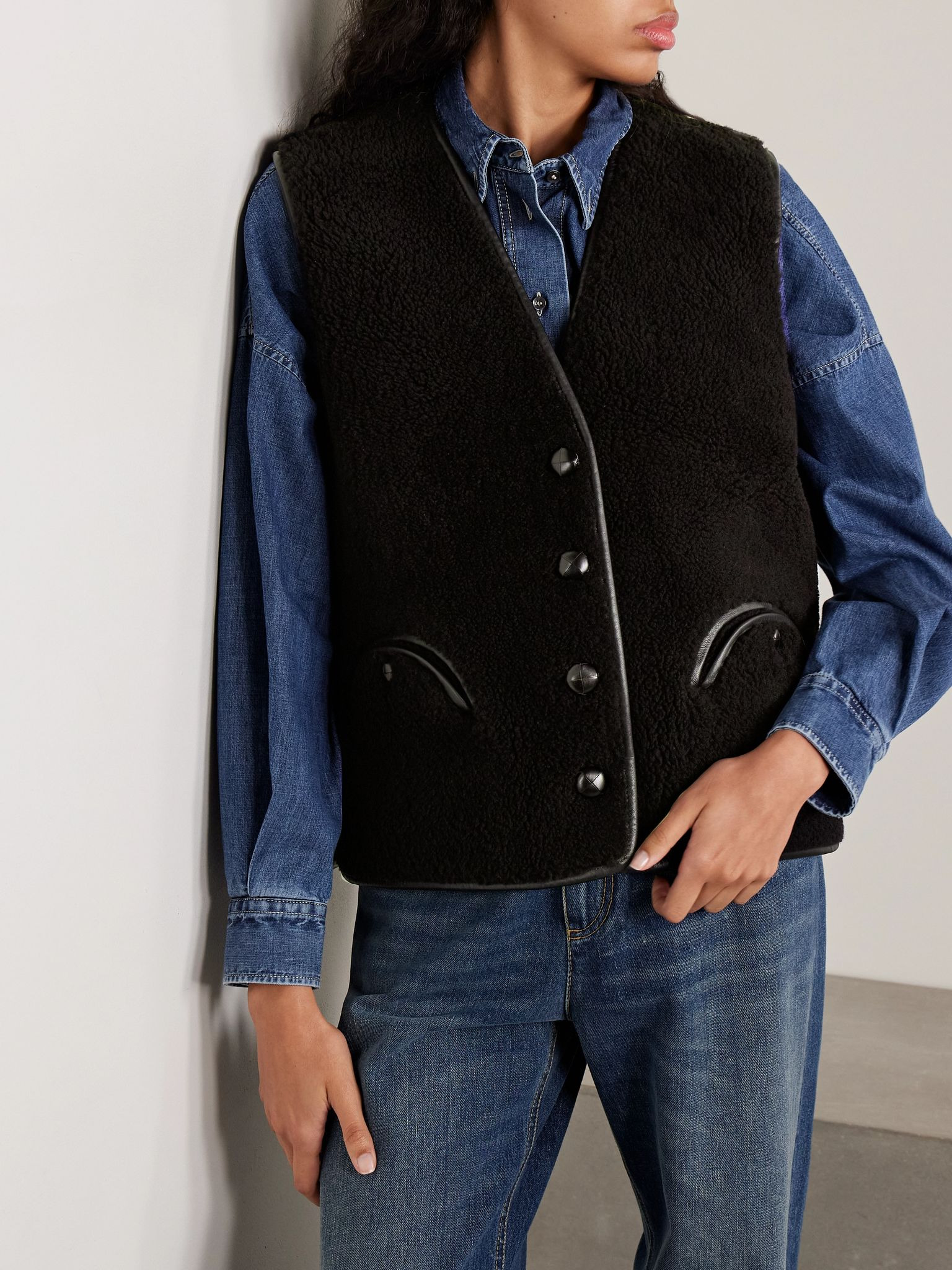 Tatoosh Gliss reversible leather-trimmed shearling vest Dark brown - 3