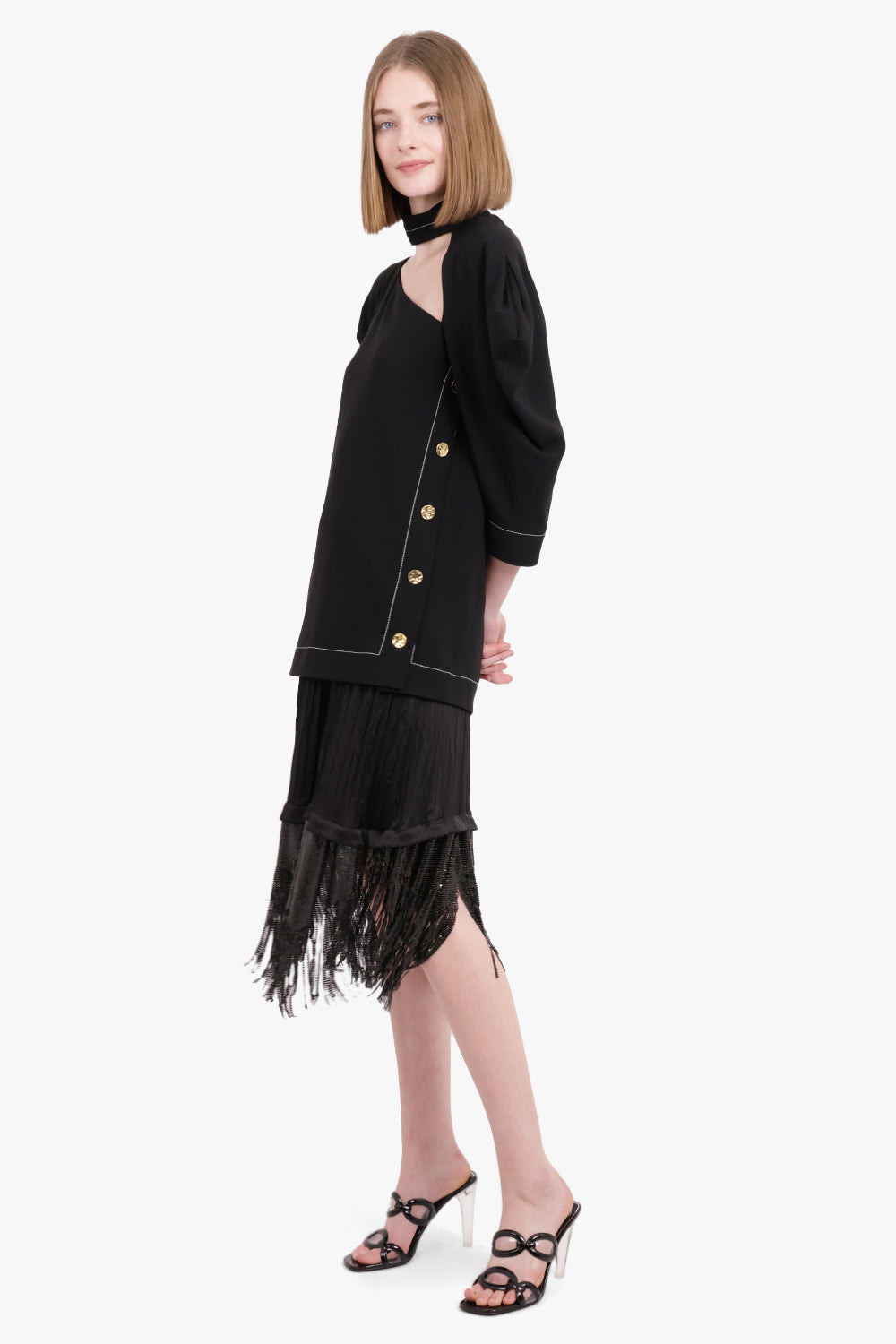 ASYMMETRIC CUTOUT BLOUSE 3/4SL BLACK - 3