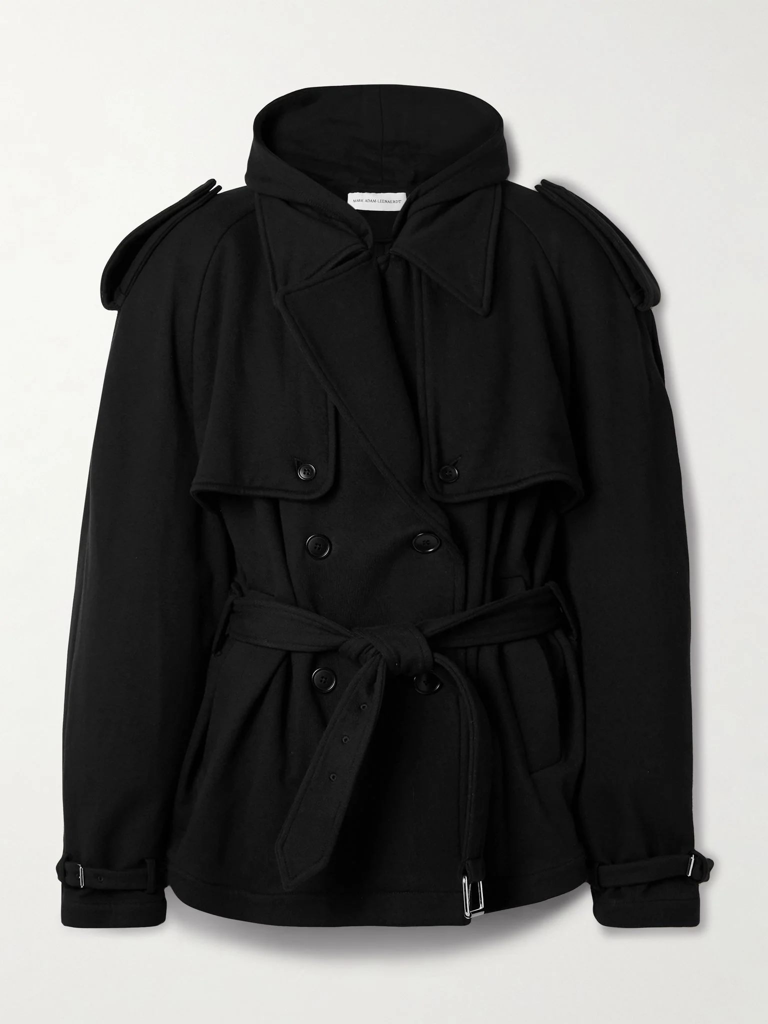 Hooded double-breasted belted cotton-jersey jacket Black - 1