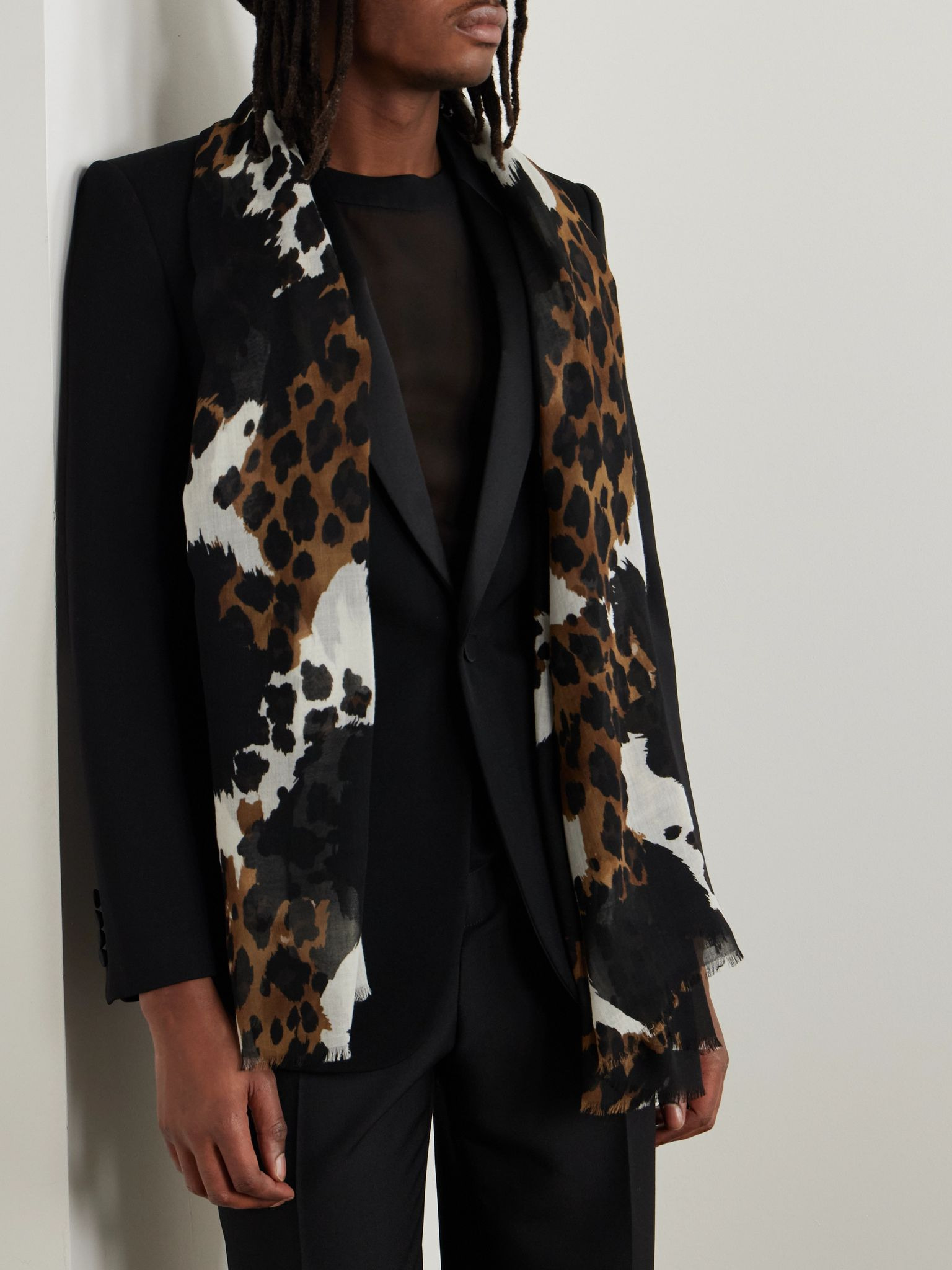 Frayed Printed Wool Scarf Black - 2