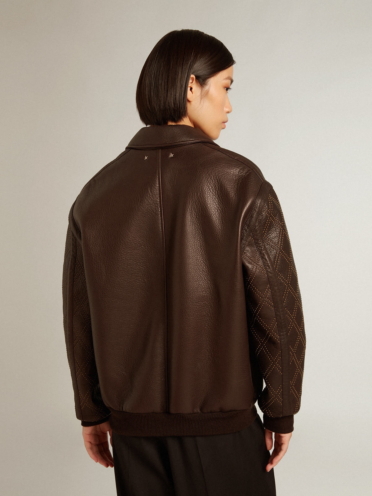 Brown nappa leather jacket with studded sleeves - 4