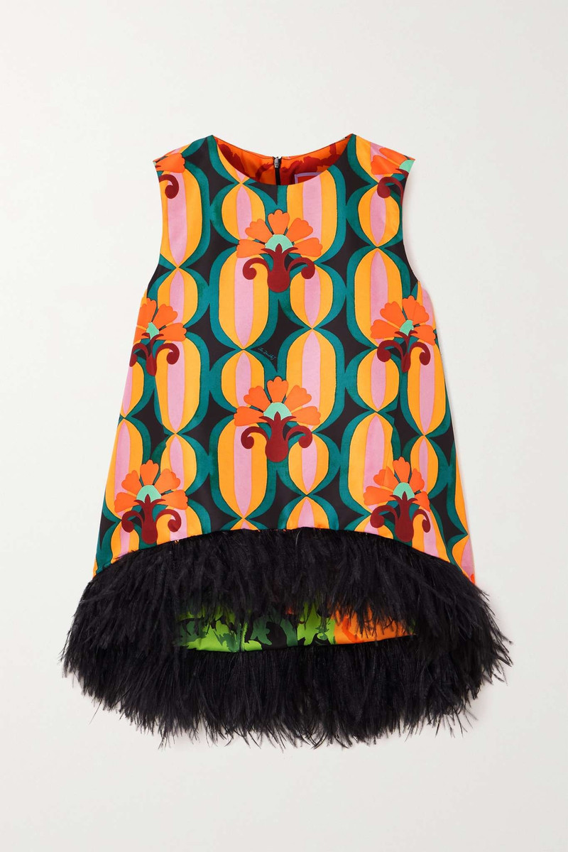 La Scala asymmetric feather-trimmed printed crepe top 1