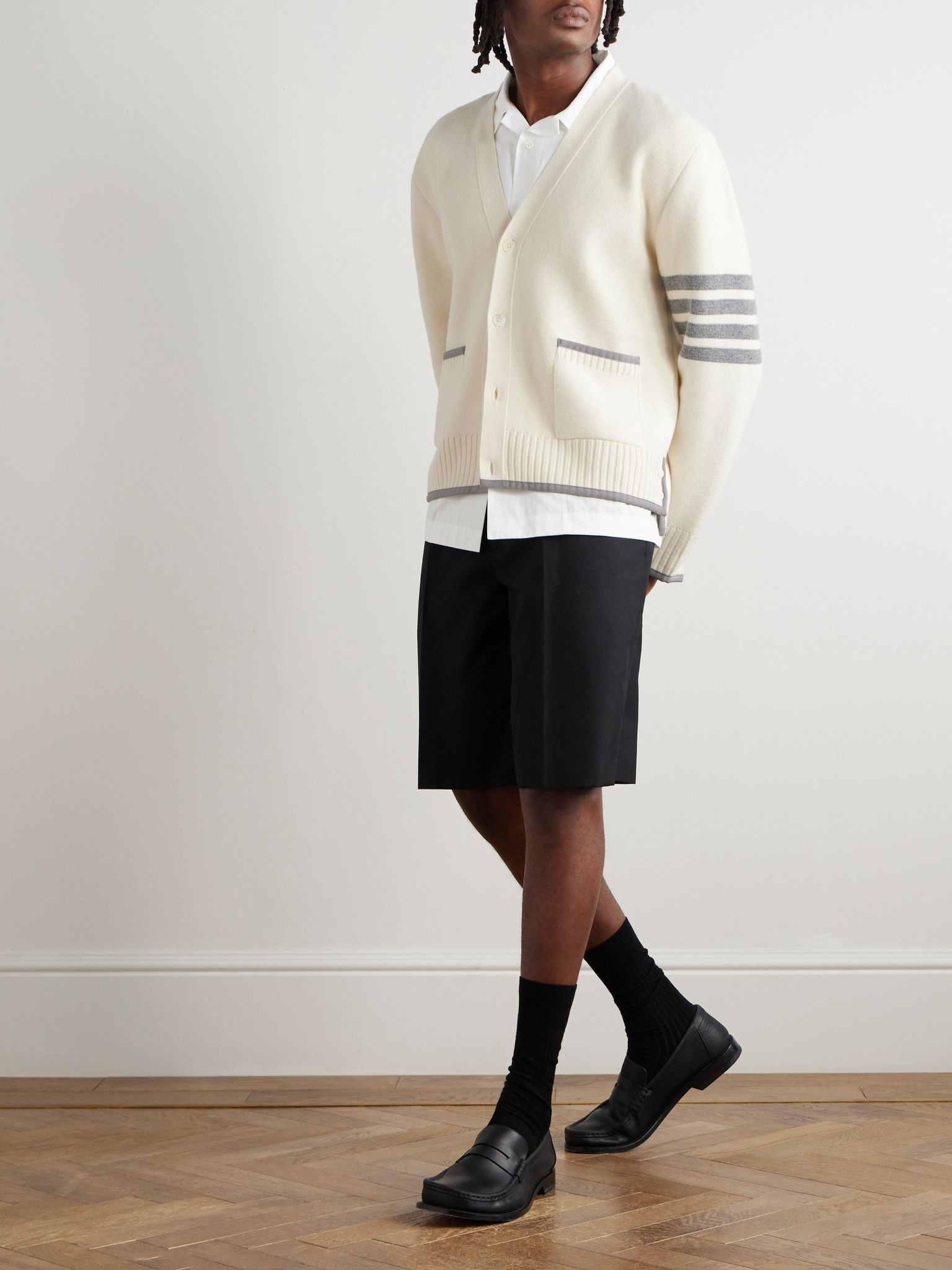 Grosgrain-Trimmed Striped Virgin Wool Cardigan White - 2