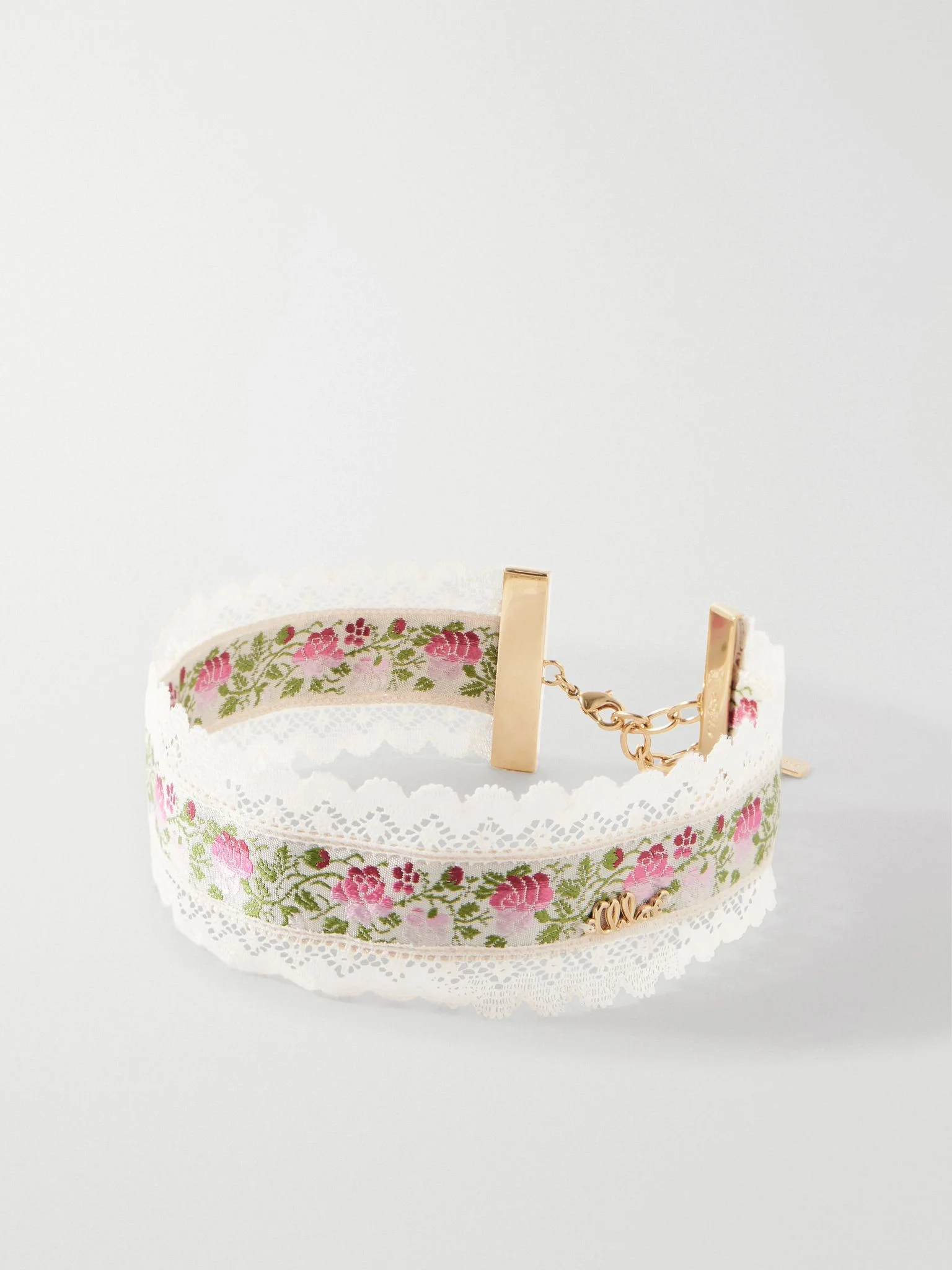 Ribbon lace-trimmed floral-jacquard gold-tone choker White - 1