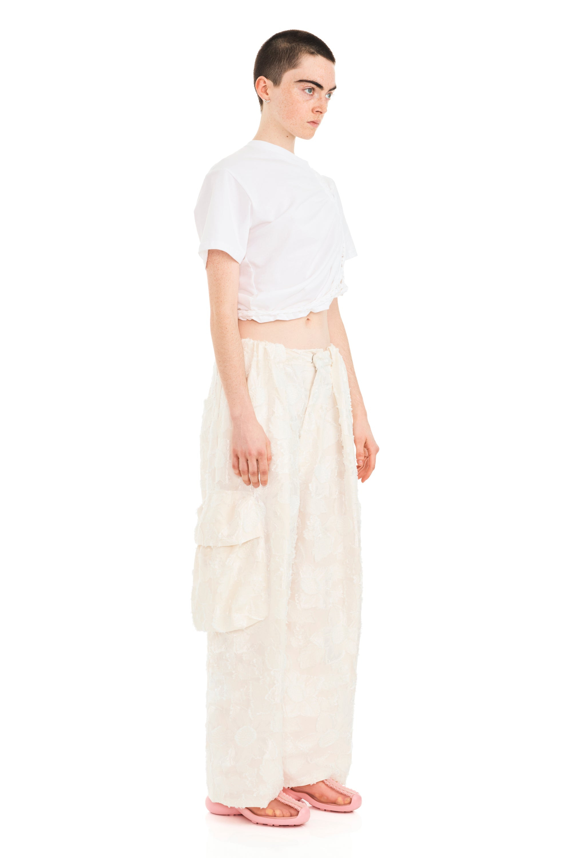 WHITE JACQUARD PLEATED CARGO PANT - 2