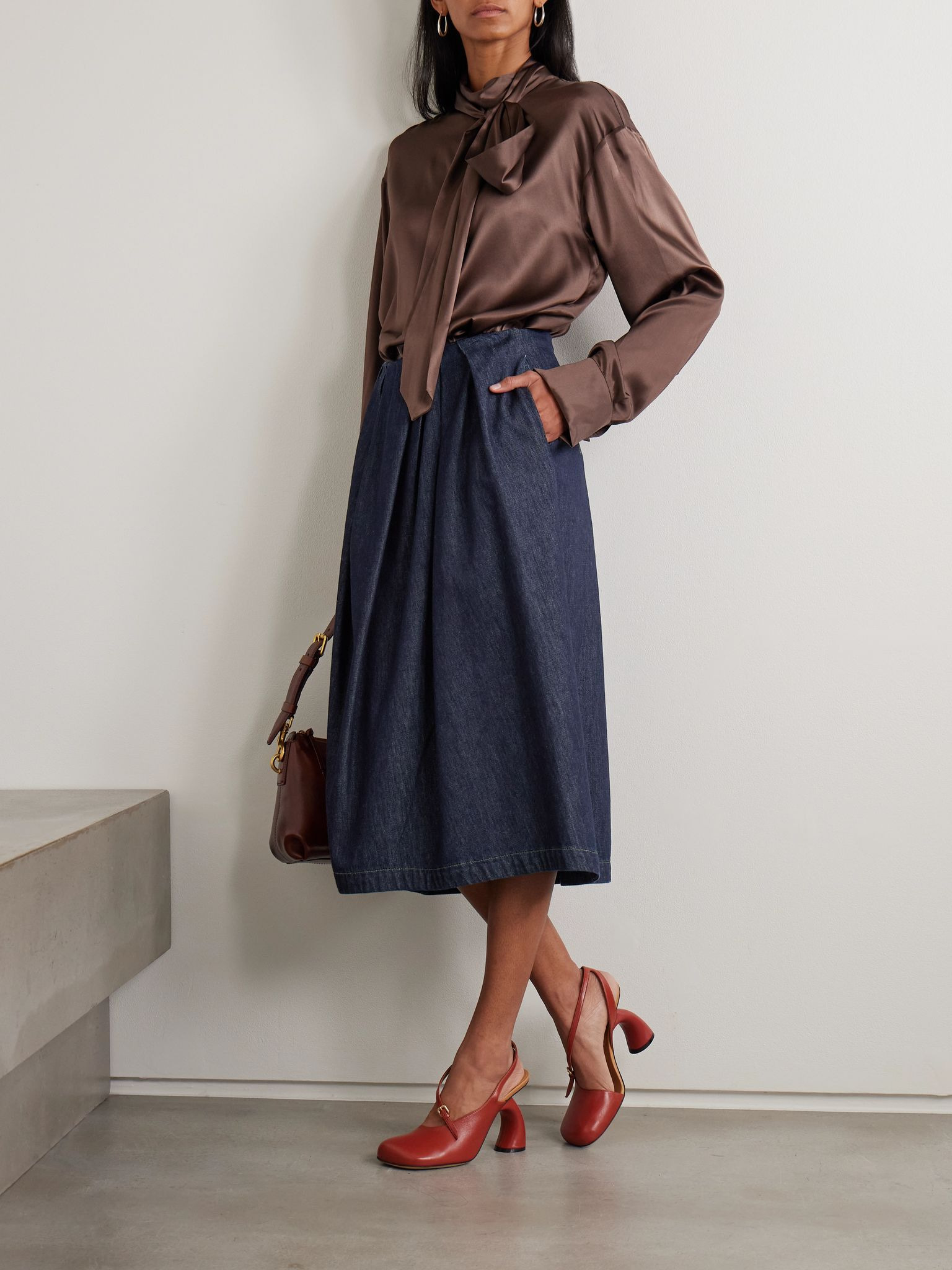 Gathered denim midi skirt Dark denim - 2