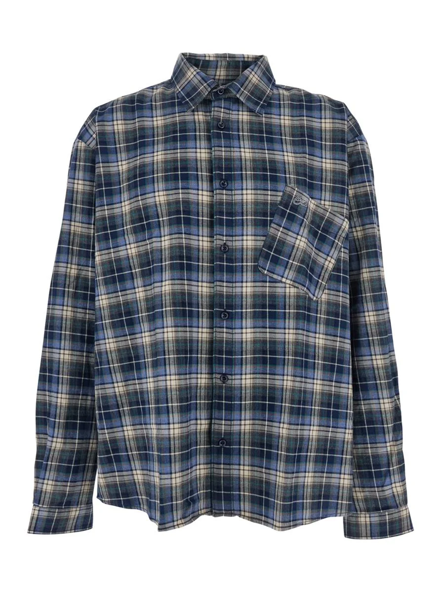 Erl Blue Shirt With Check Pattern And Logo Lettering On The Back In Flannel Man - 1