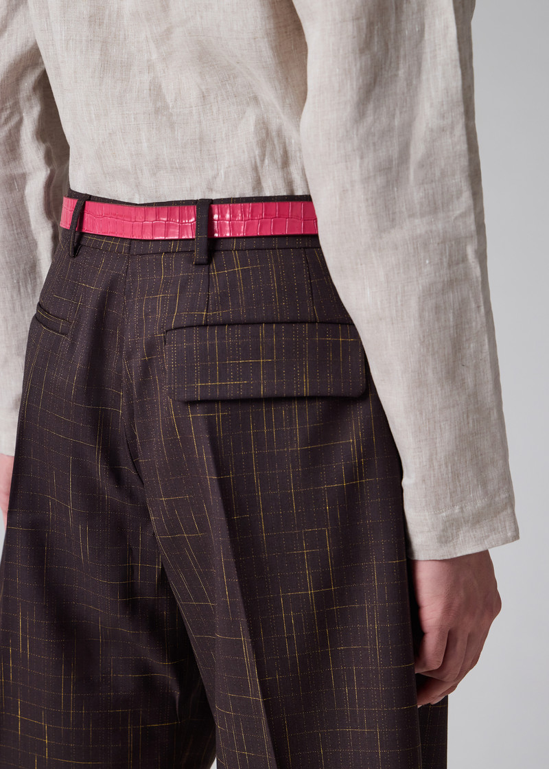 Aubergine Wool Check Pleated Shorts 10