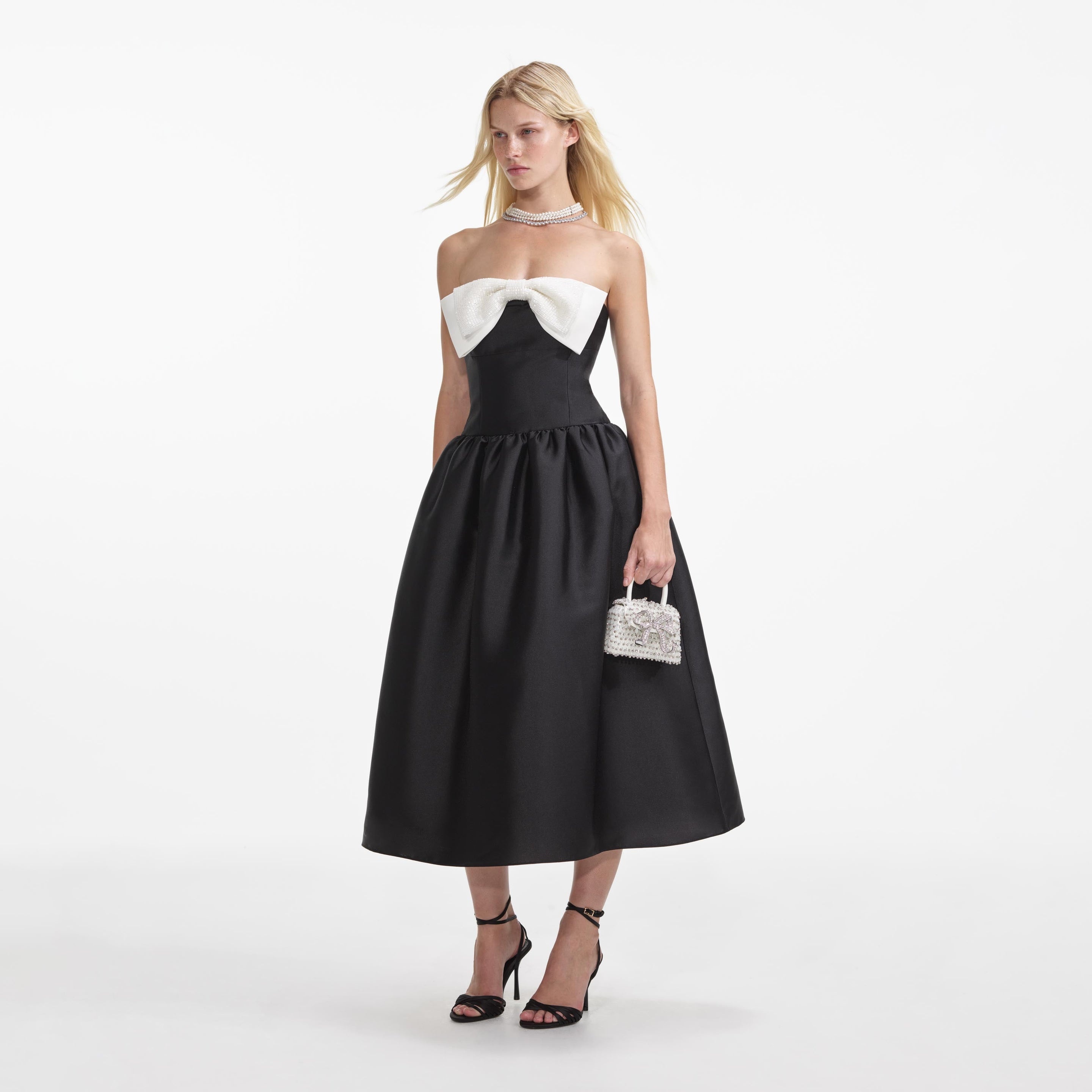 Black Taffeta Contrast Bow Midi Dress - 2