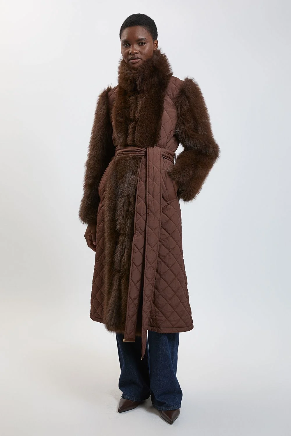 Faux Fur & Quilted Padded Mix Belted Midi Coat - 1