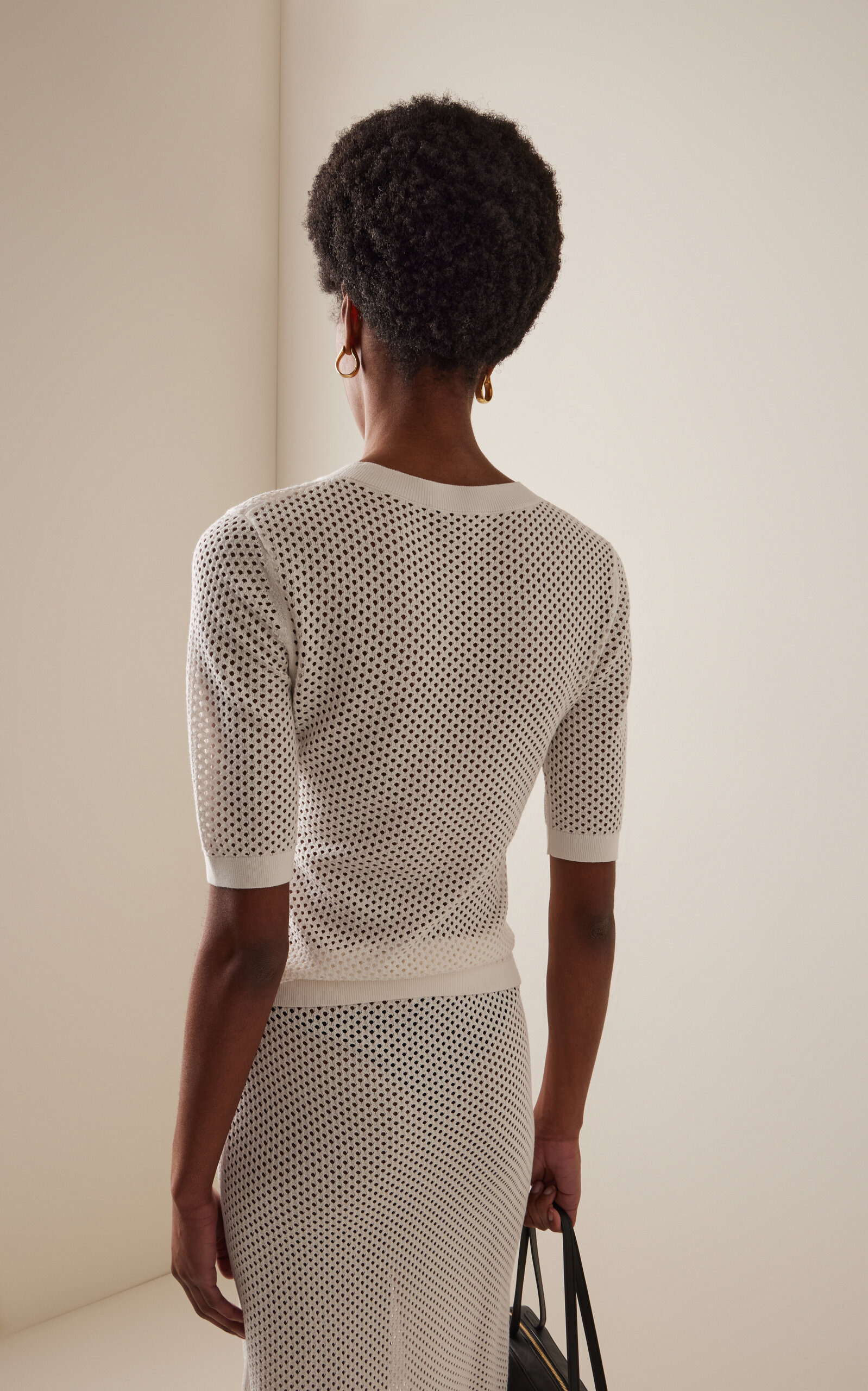 Cropped-Sleeve Cotton-Blend Mesh Sweater white - 4