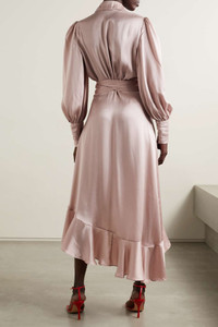 【ZIMMERMANN】asymmetric ruffled silk-satin wrap ドレス ZIMMERMANN Asymmetric ruffled duchesse silk-satin midi wrap
