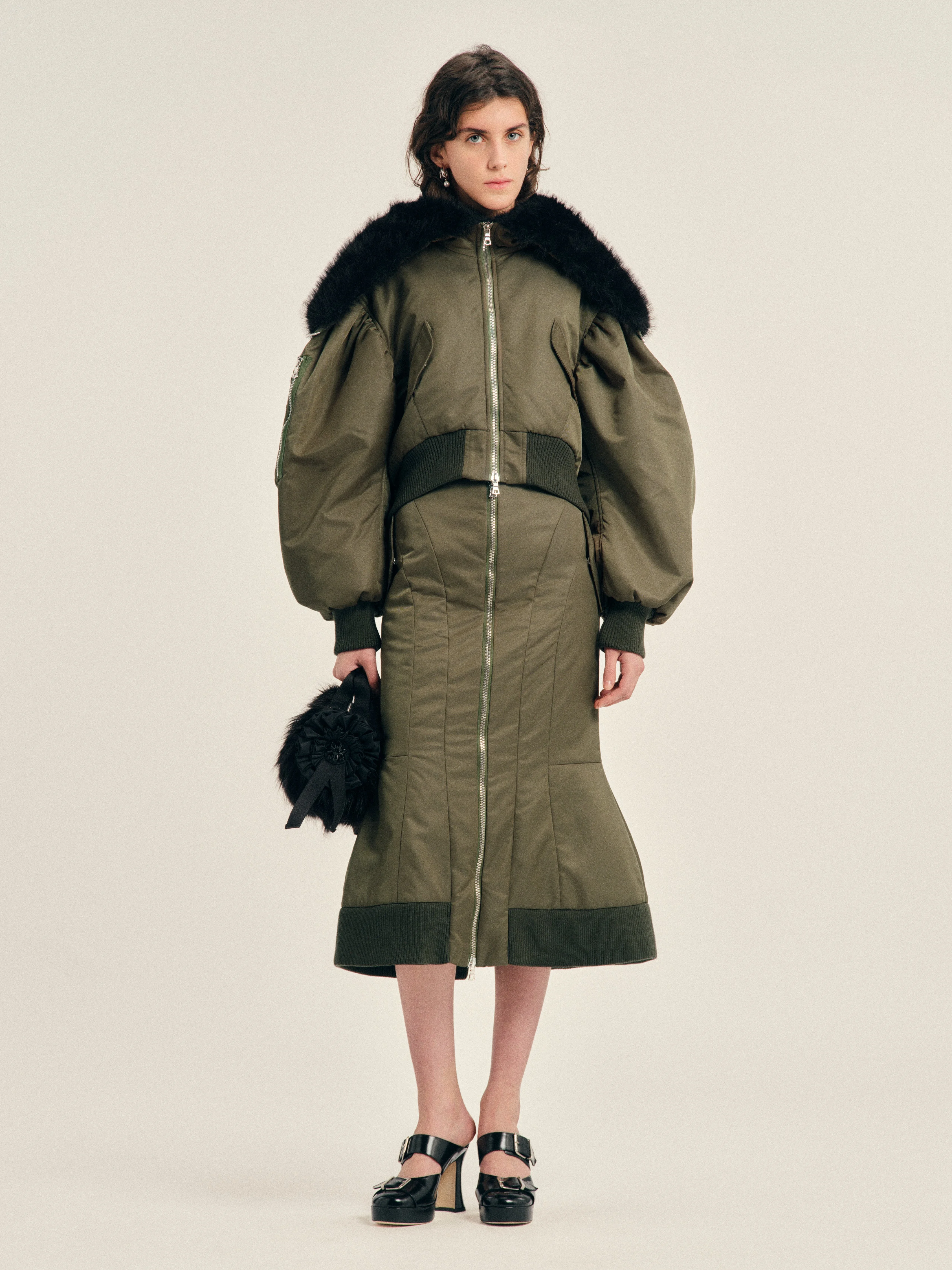Cropped Split Faux Fur Hood Bomber Jacket - 1