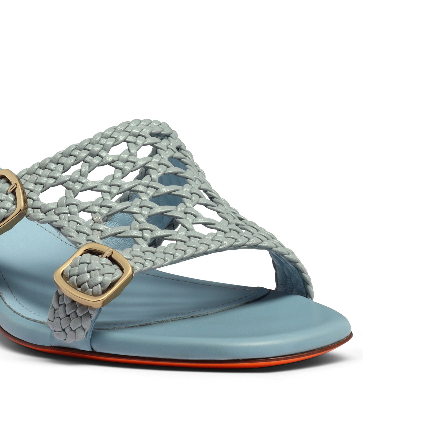 Women's light blue woven leather double-buckle Didi slide sandal - 6
