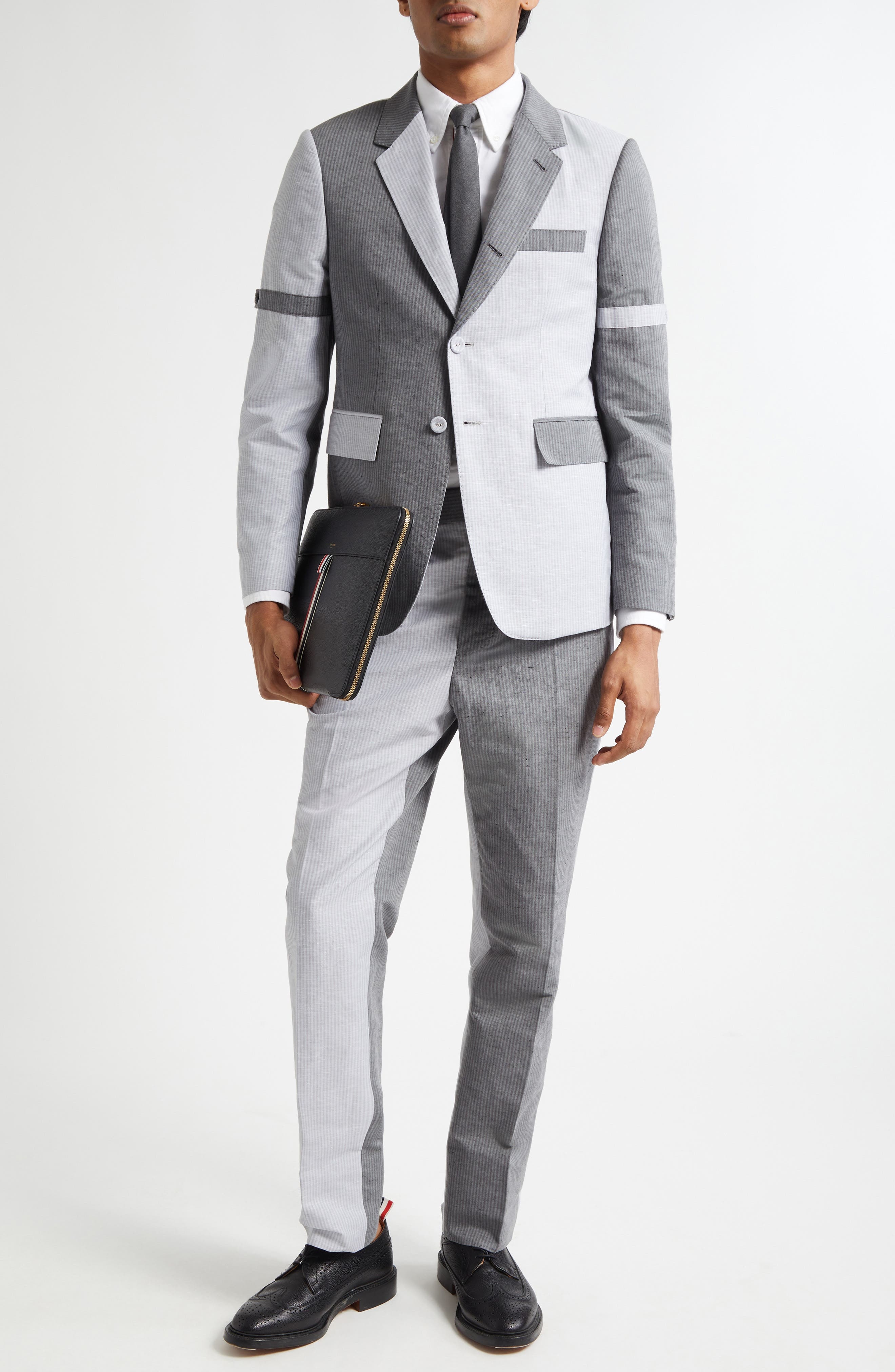 Thom Browne Fit 1 Stripe Patchwork Linen & Cotton Sport Coat with Armbands in Light Grey at Nordstro - 7
