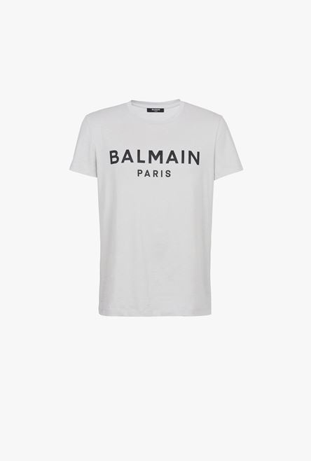 Light gray eco-designed cotton T-shirt with black Balmain Paris logo print - 1