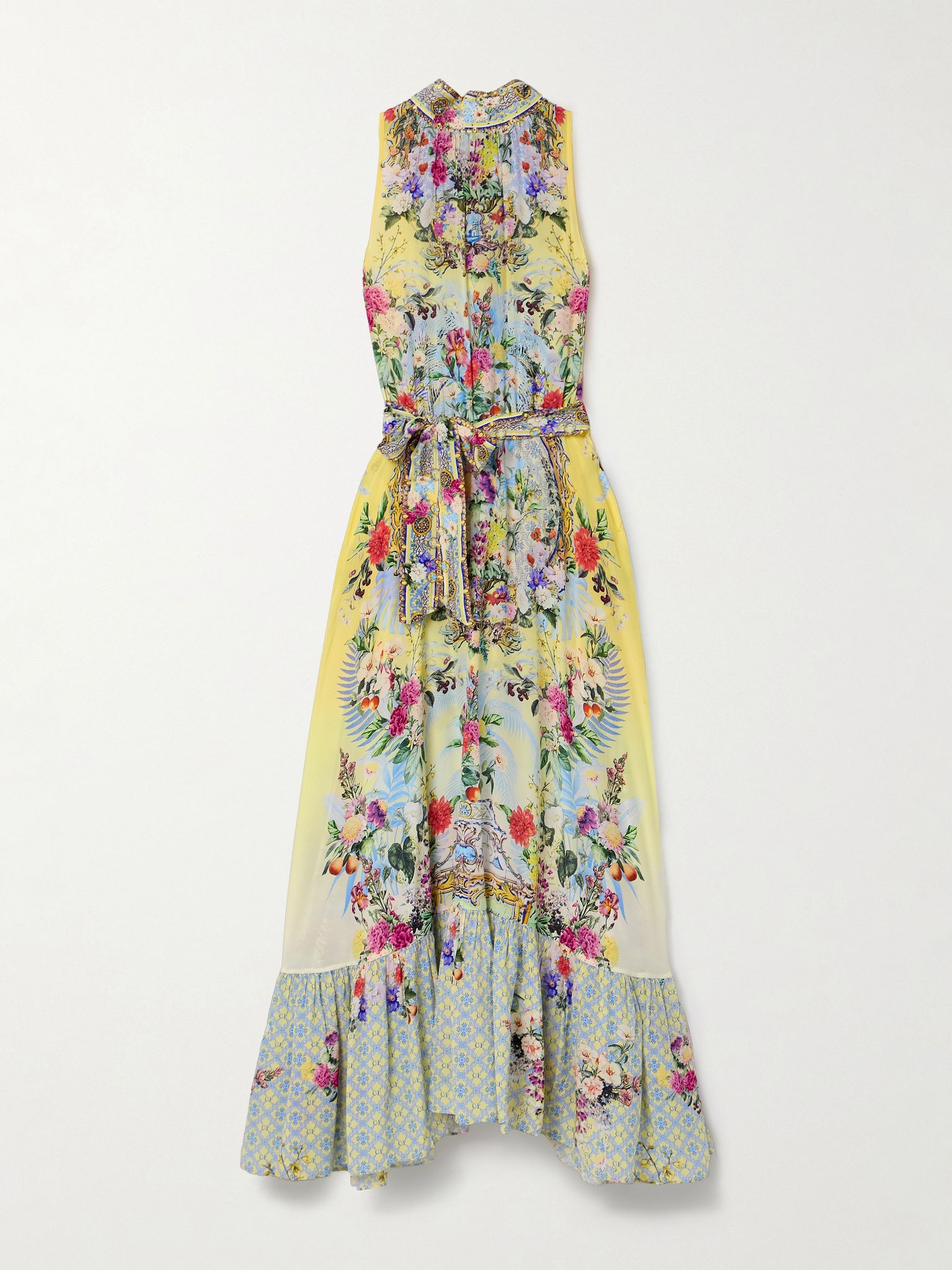 Belted tie-neck crystal-embellished floral-print silk-georgette maxi dress Yellow - 1