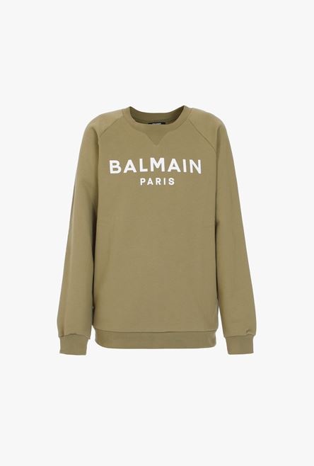 Khaki cotton sweatshirt with white Balmain logo - 1