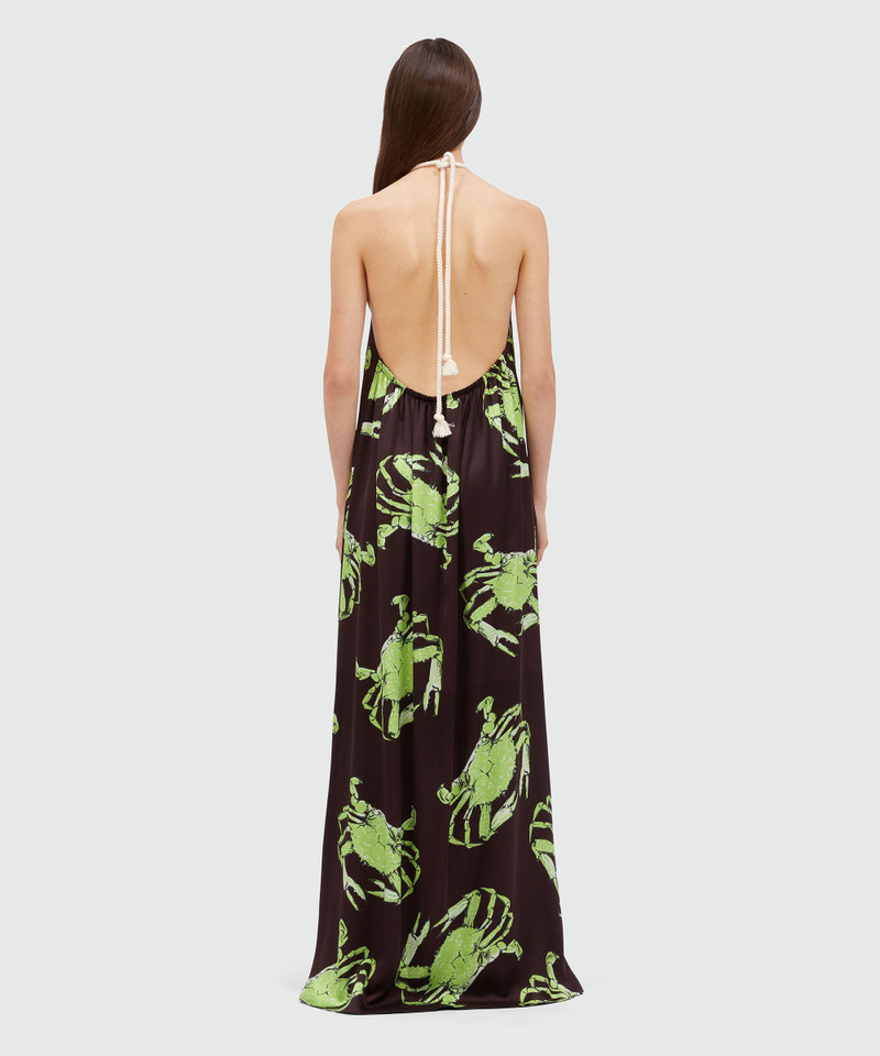 Long black satin dress with "King crab" print 3