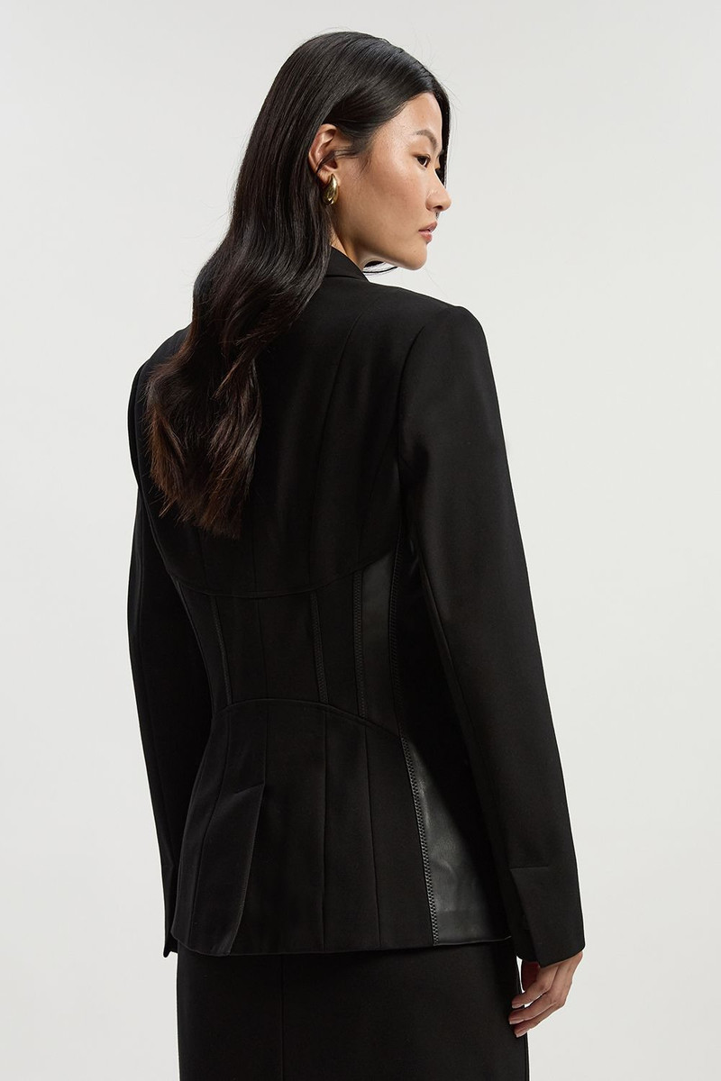 Ponte And Pu Mix Waist Seam Detail Tailored Single Breasted Blazer 6