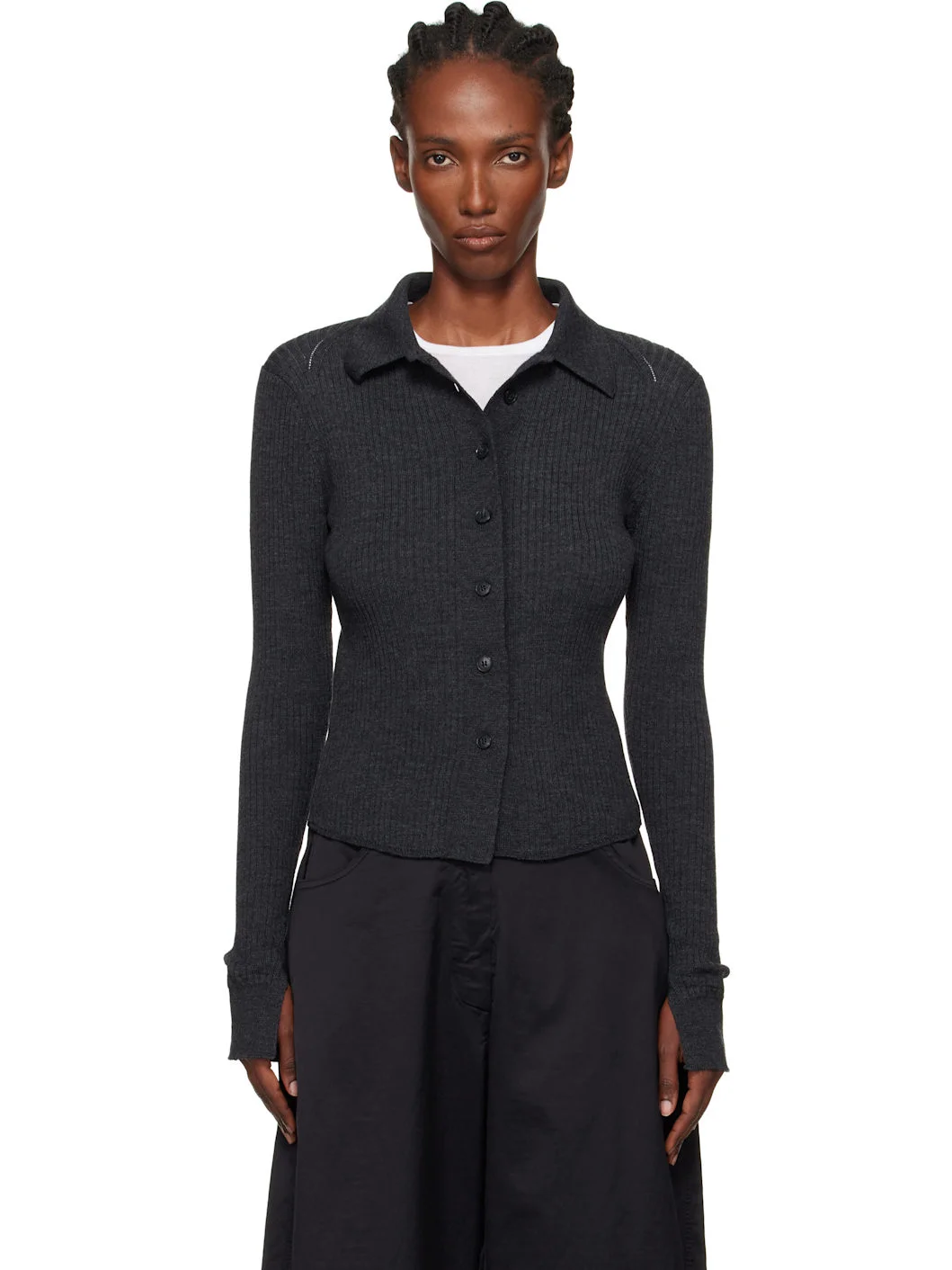 Gray Knitted Rib Cardigan - 1