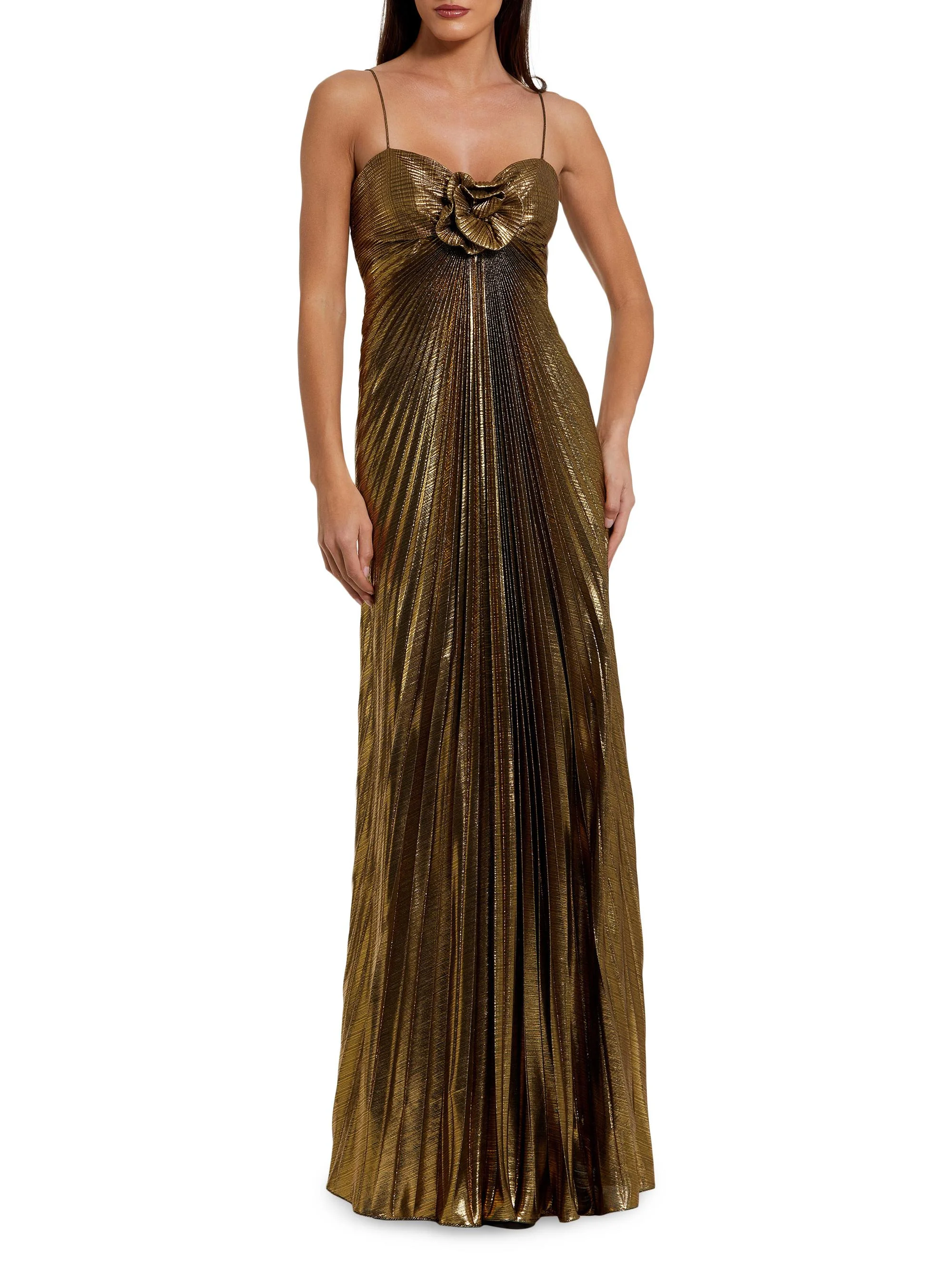 Women's Floral Metallic Pleated Gown - Antique Gold - 1