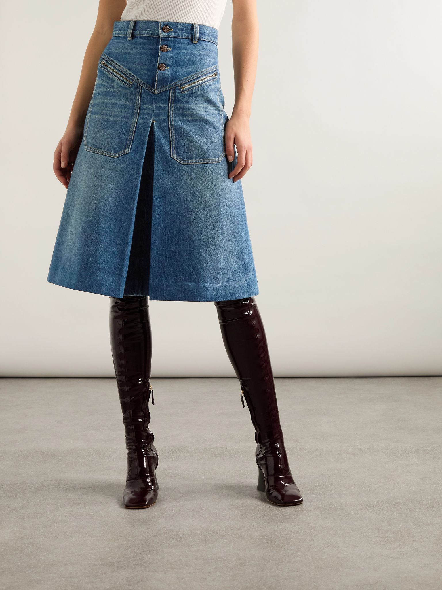 Pleated paneled denim midi skirt Mid denim - 3