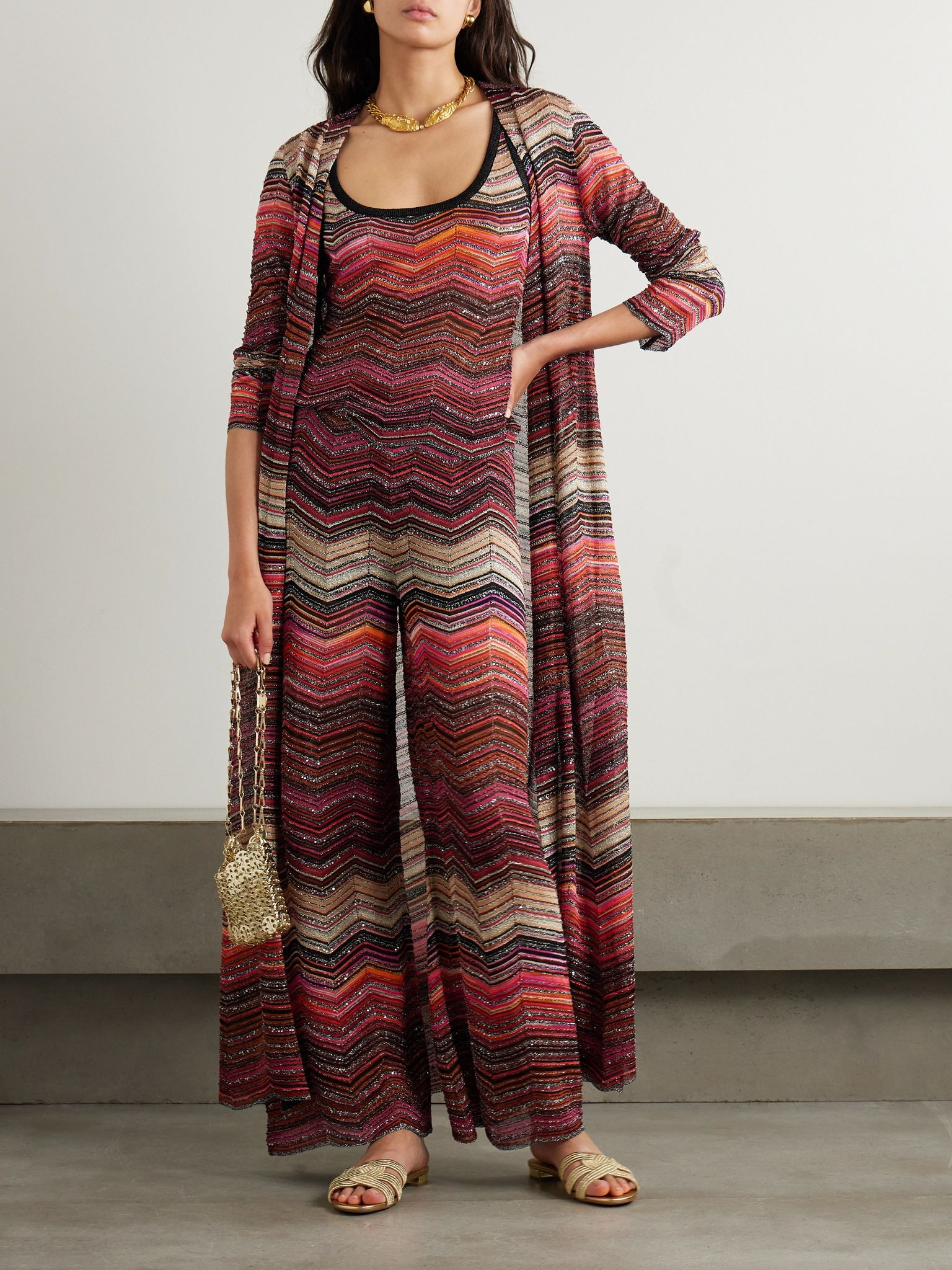 Mare sequined striped metallic crochet-knit wide-leg pants Burgundy - 2