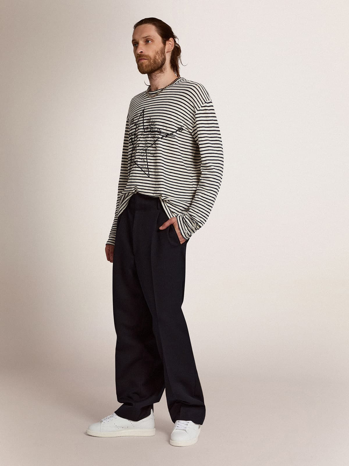 Men's T-shirt with white and blue stripes and embroidery on the front - 3