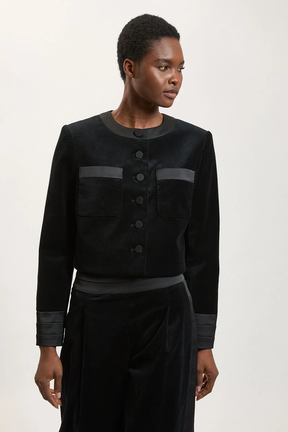 Velvet Tailored Collarless Blazer - 1